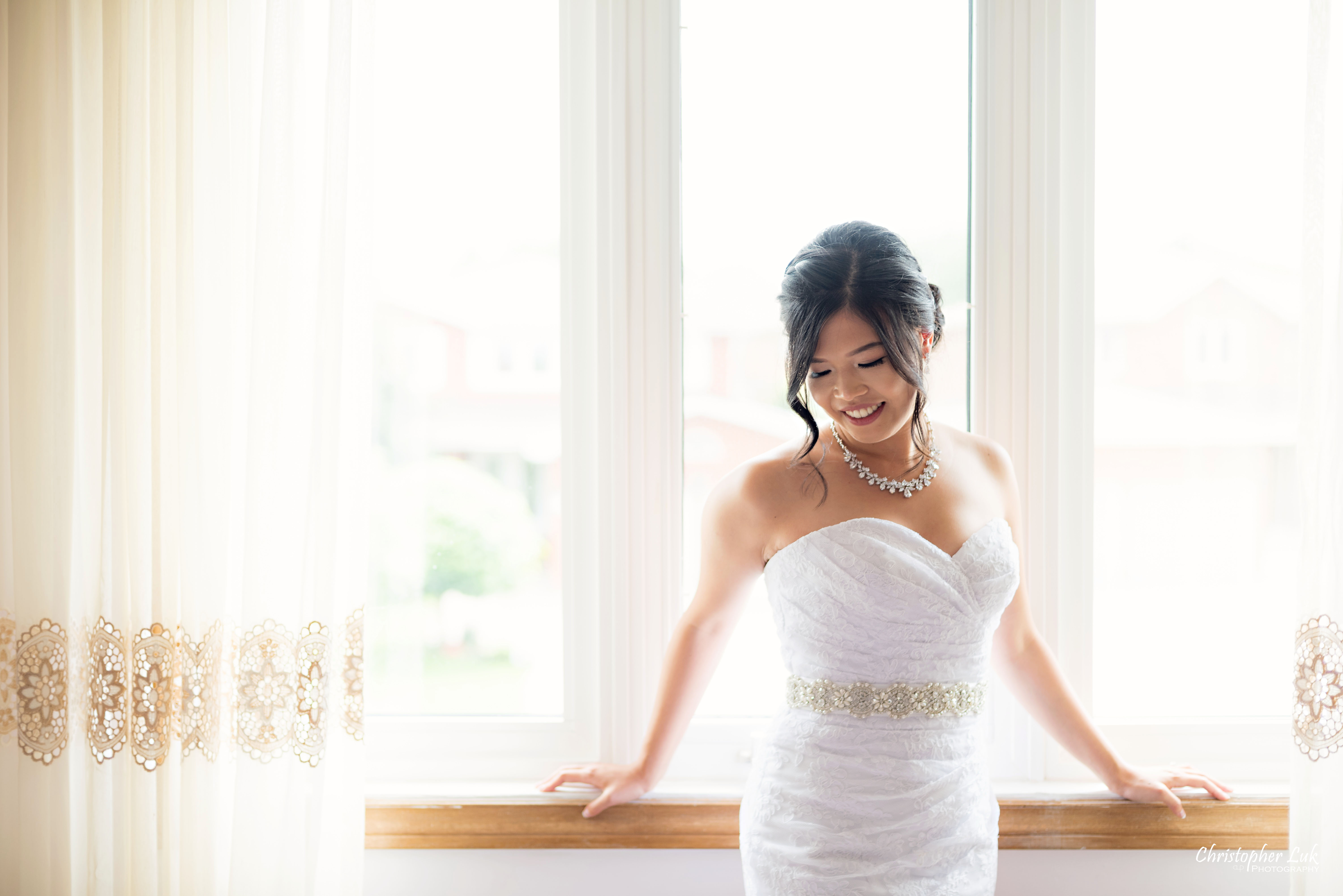 Christopher Luk - Toronto Wedding Photographer - Markham Home Private Residence Bride Alfred Angelo from Joanna’s Bridal Natural Candid Photojournalistic Creative Curtains Portrait