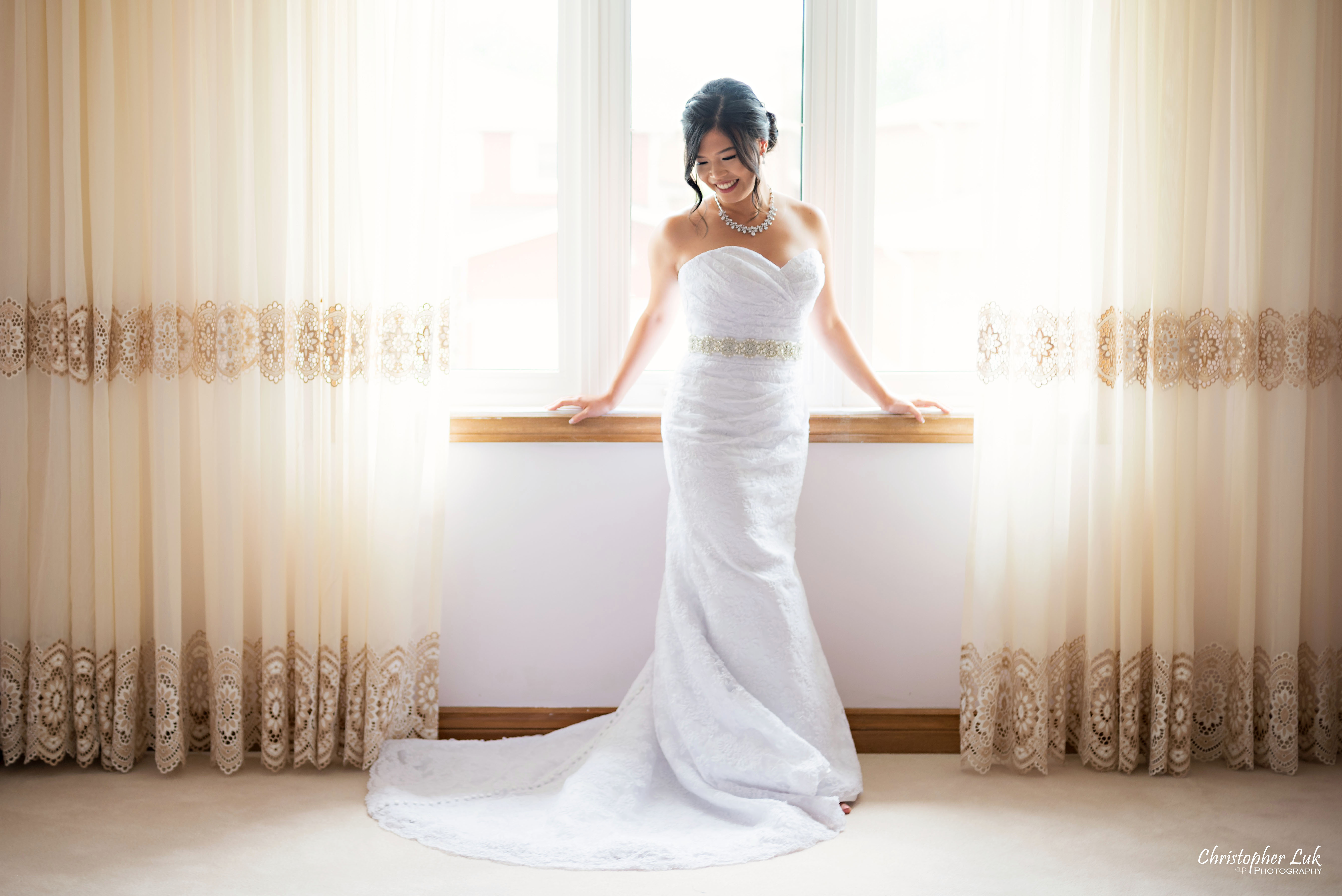 Christopher Luk - Toronto Wedding Photographer - Markham Home Private Residence Bride Alfred Angelo from Joanna’s Bridal Natural Candid Photojournalistic Creative Curtains Wide Portrait Composition Frame Framing