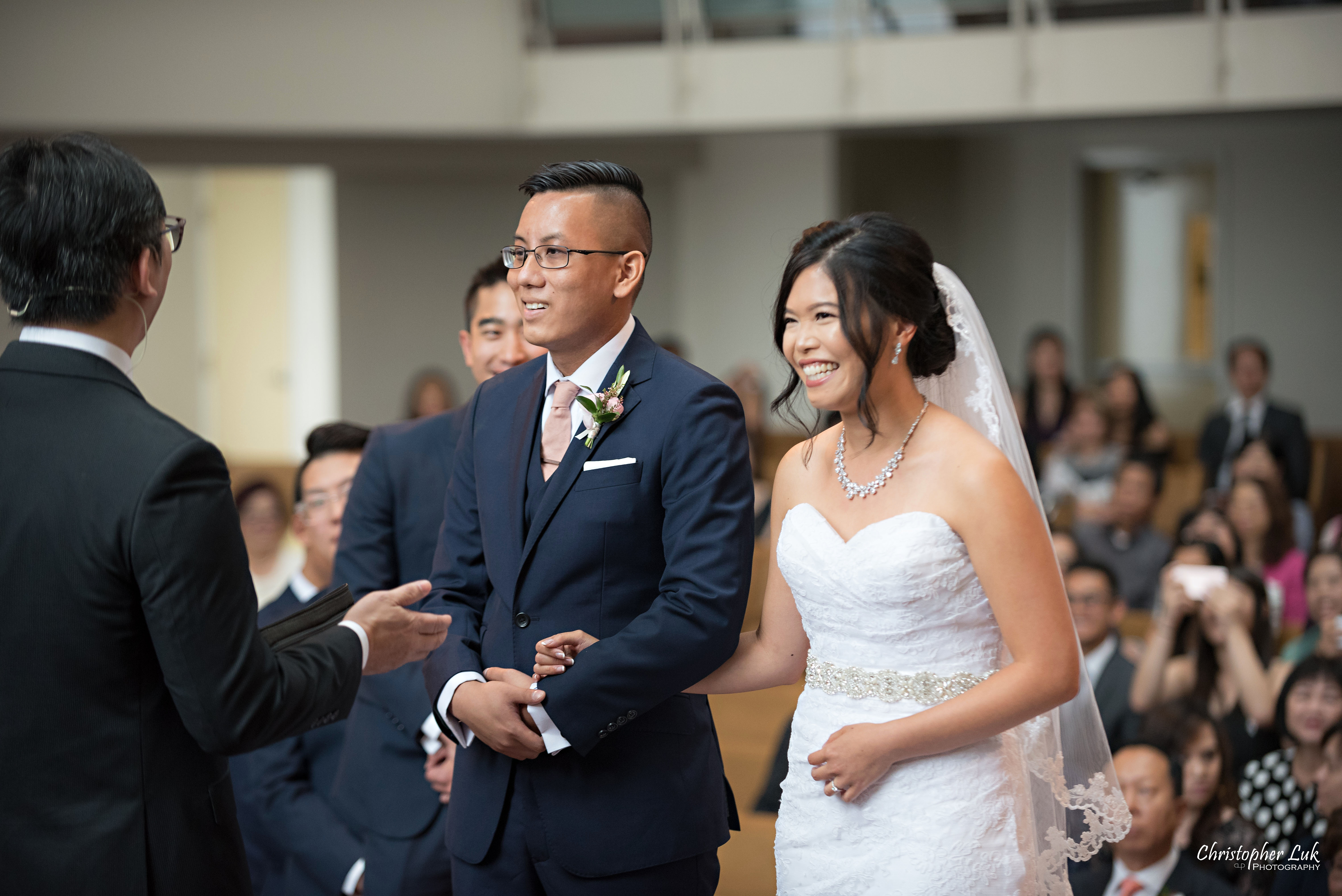 Christopher Luk - Toronto Wedding Photographer - Markham Chinese Baptist Church MCBC Christian Ceremony - Natural Candid Photojournalistic Bride Groom Pastor Officiant Sermon Message Exhortation Homily Cute Sweet Moment Holding Hands Reaction Laugh