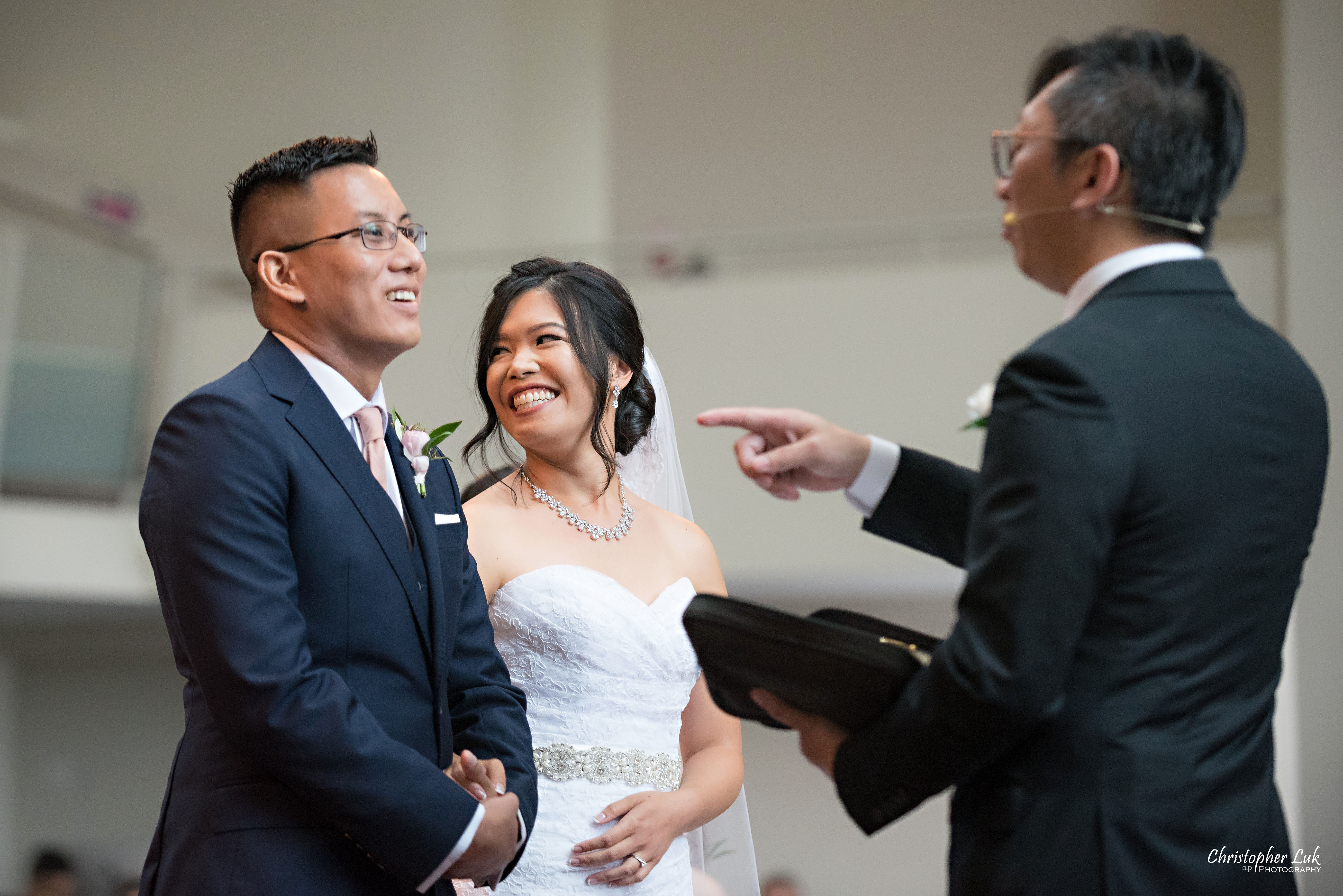 Christopher Luk - Toronto Wedding Photographer - Markham Chinese Baptist Church MCBC Christian Ceremony - Natural Candid Photojournalistic Bride Groom Exhortation Message Pastor Officiant Homily Reaction Laugh