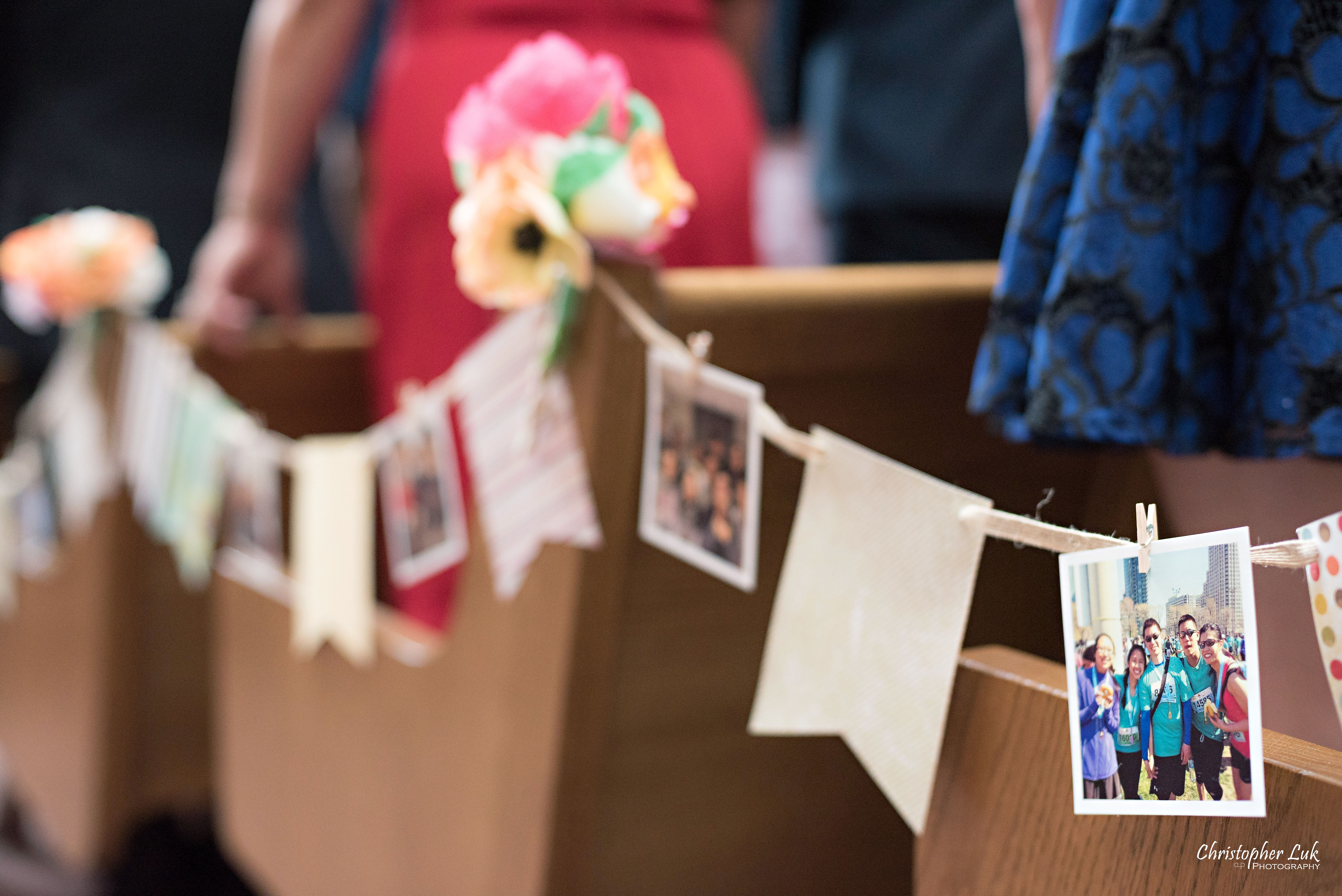 Christopher Luk - Toronto Wedding Photographer - Markham Chinese Baptist Church MCBC Christian Ceremony - Natural Candid Photojournalistic Bride Groom Relationship Flags Photos Prints String Clothespins Rustic Vintage Memories Decor