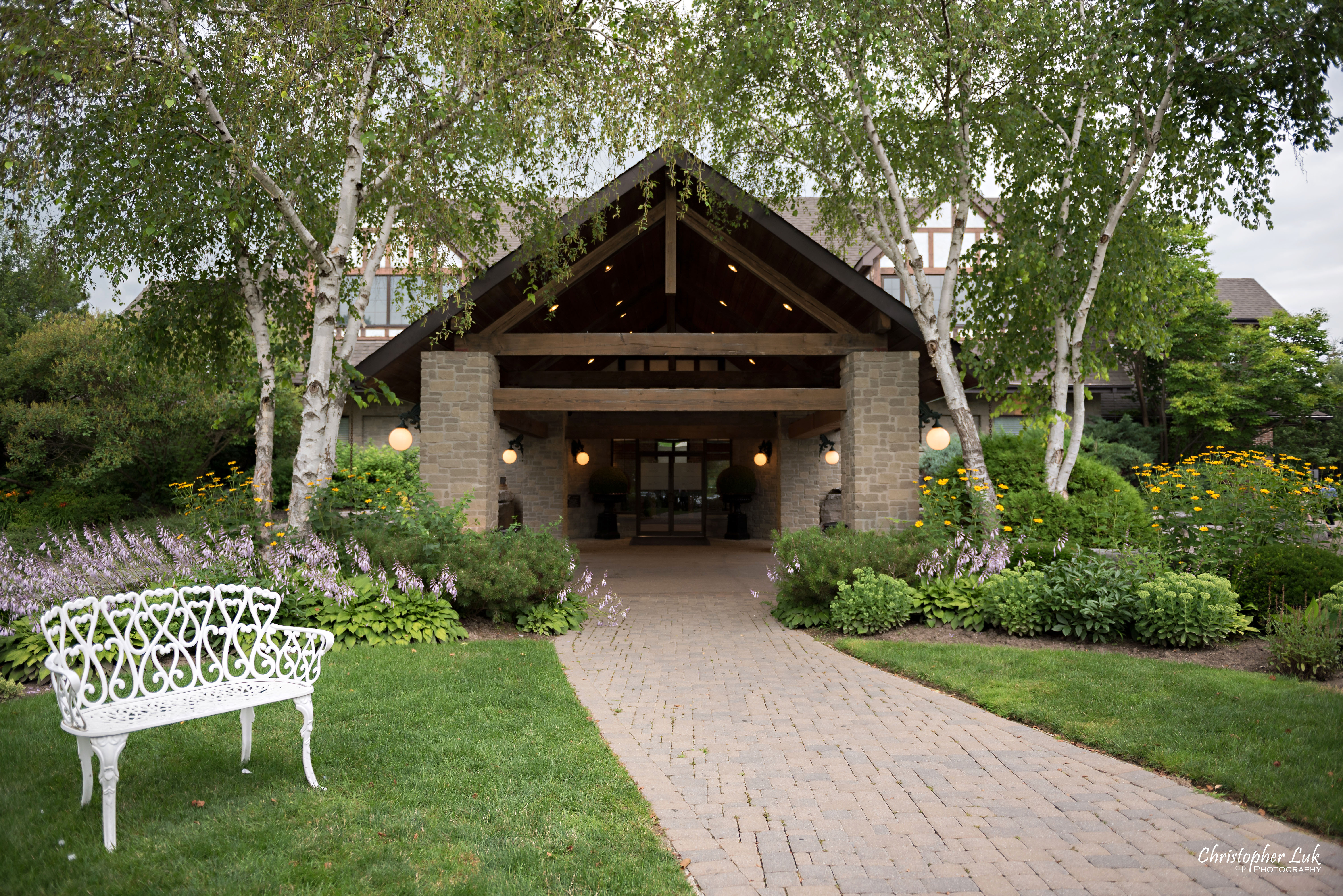 Christopher Luk - Toronto Wedding Photographer - The Manor Event Venue By Peter and Paul's - Main Grand Entrance Trees Centre Walkway Bench Wide