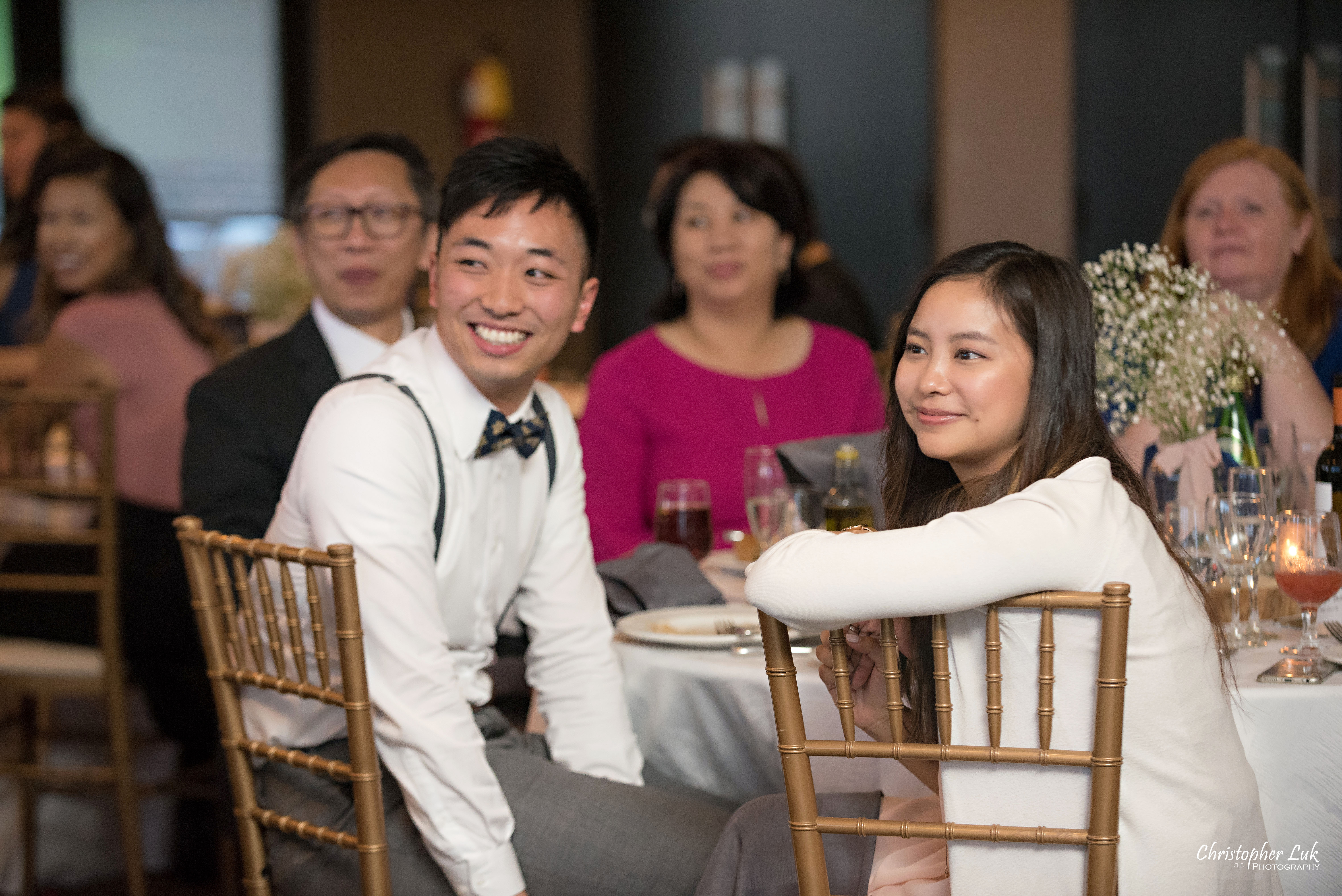 Christopher Luk - Toronto Wedding Photographer - The Manor Event Venue By Peter and Paul's - Cocktail Hour & Dinner Reception Candid Natural Photojournalistic Guests Friends Family Table Laughing Smile