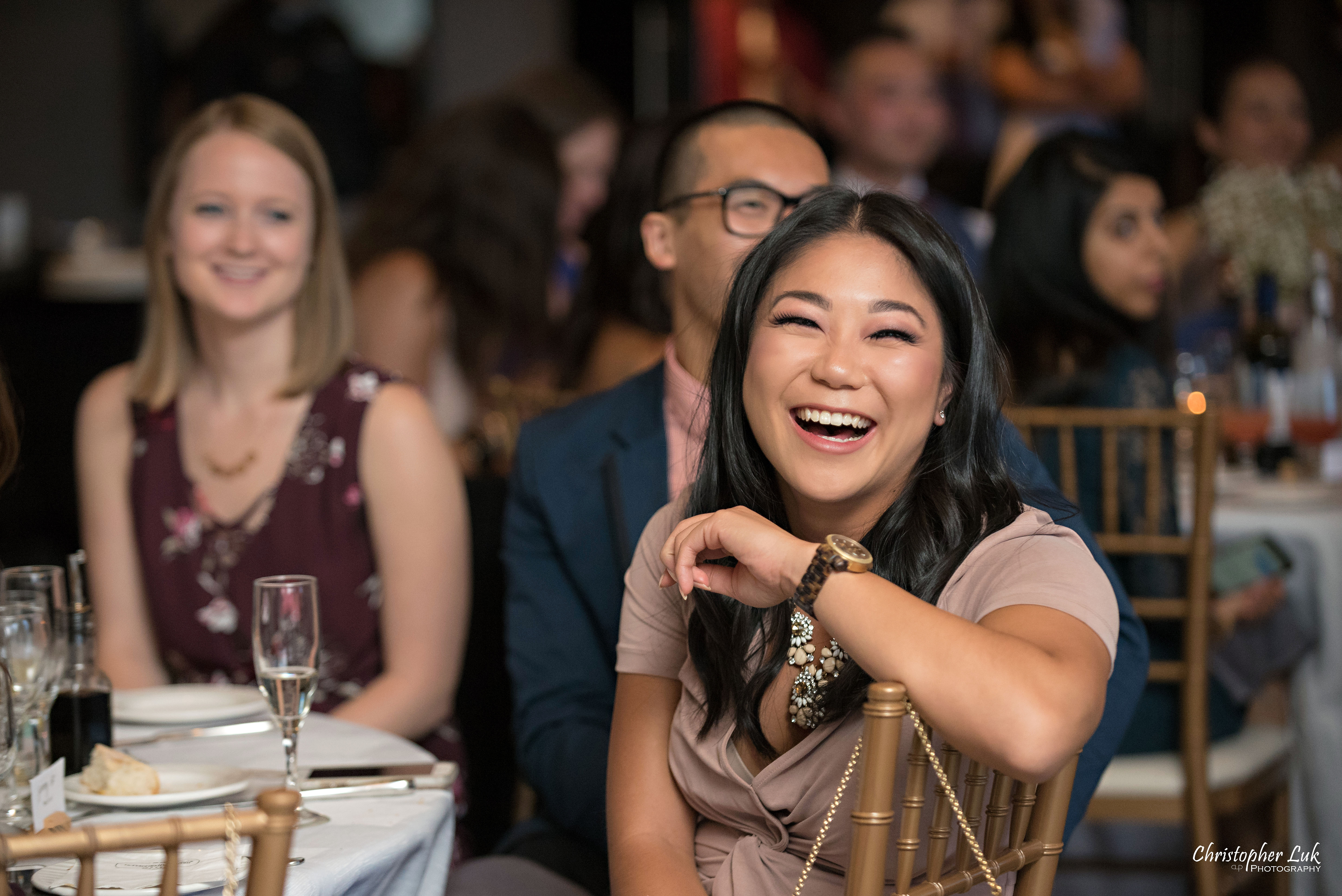 Christopher Luk - Toronto Wedding Photographer - The Manor Event Venue By Peter and Paul's - Cocktail Hour & Dinner Reception Candid Natural Photojournalistic Speeches Laugh Smile Reaction Friends Family Table