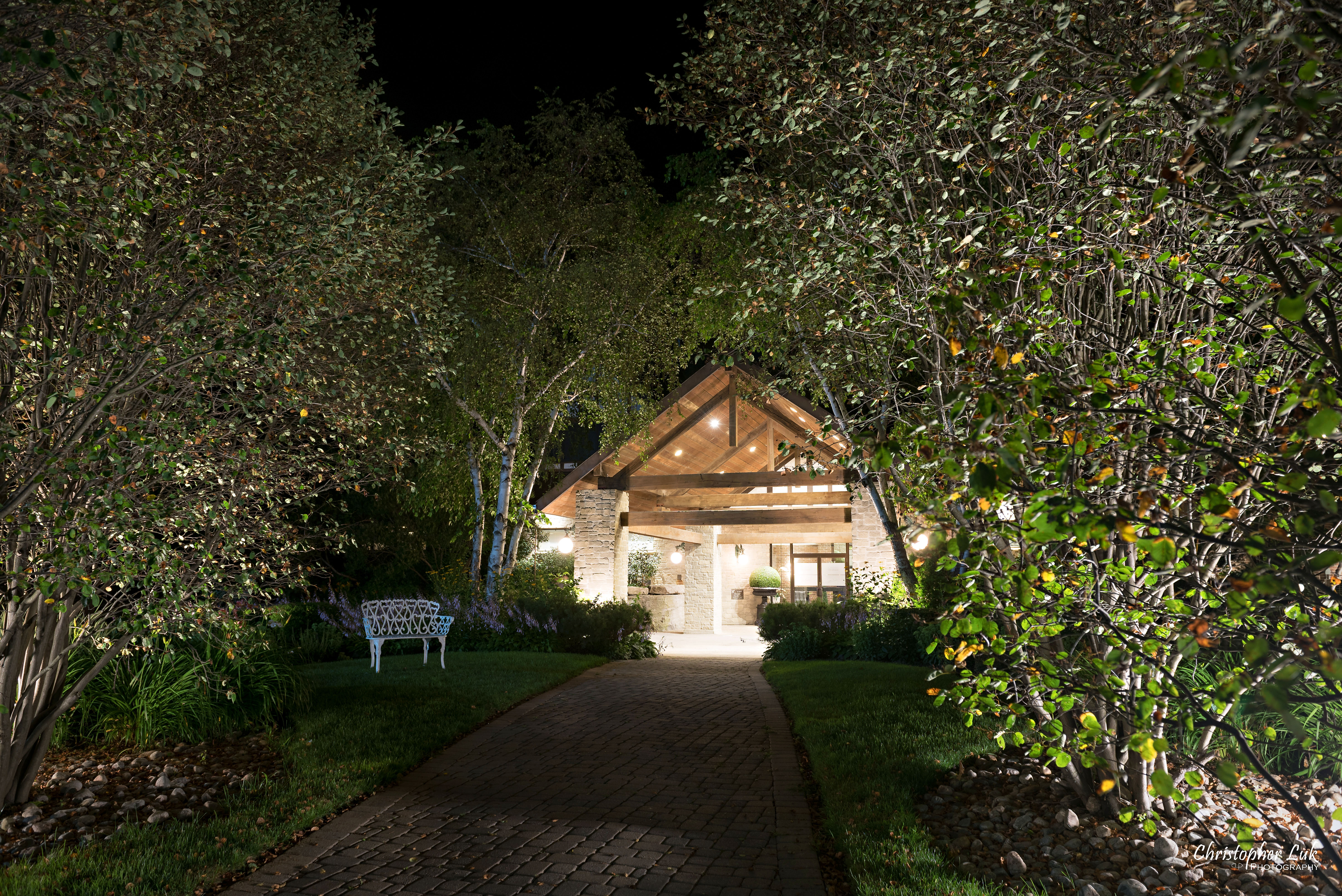 Christopher Luk - Toronto Wedding Photographer - The Manor Event Venue By Peter and Paul's - Main Grand Entrance Trees Wide Night Time Evening Walkway Arches Archway Long Exposure