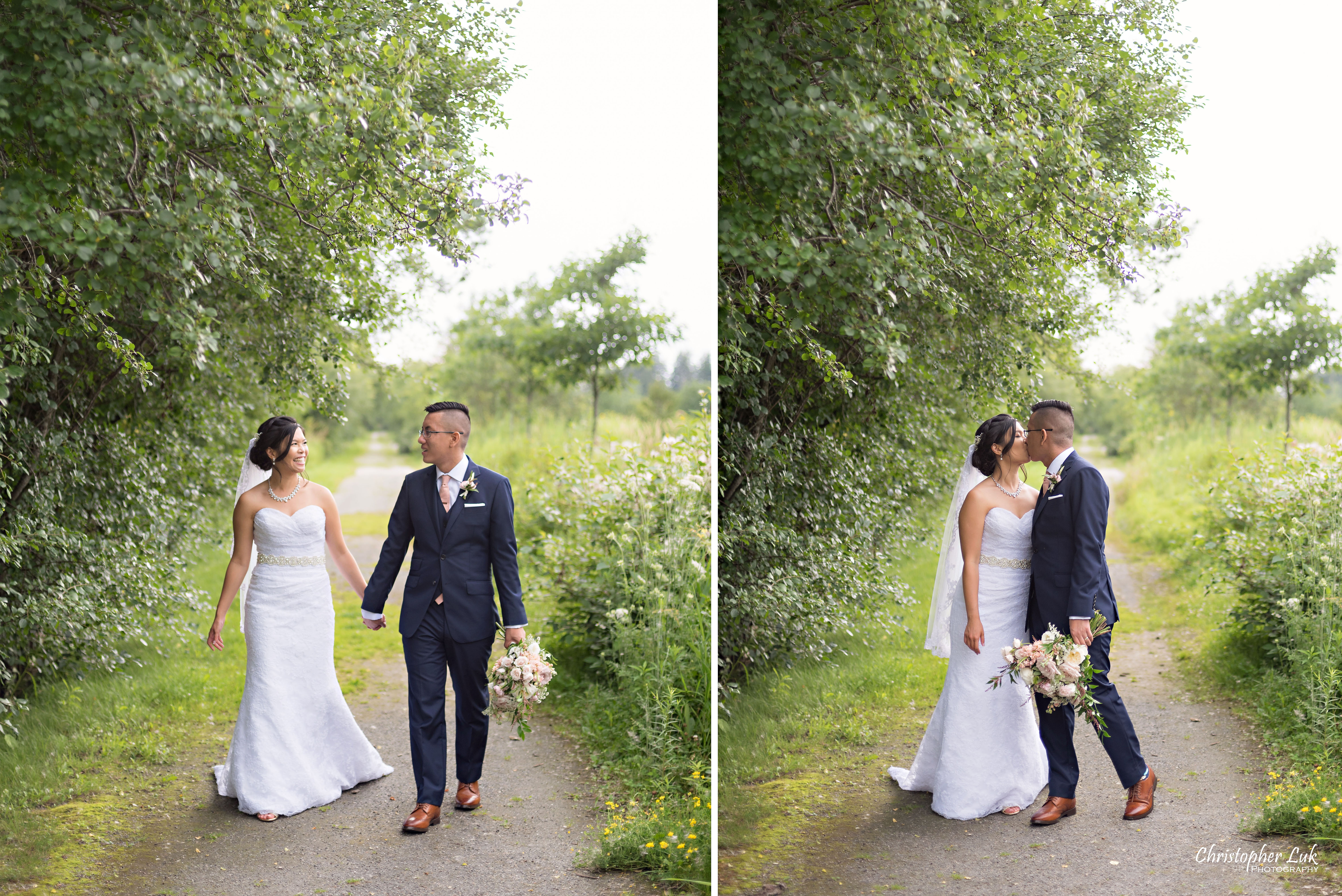 Christopher Luk - Toronto Wedding Photographer - Richmond Hill Markham Vaughan Woodbridge York Region Phyllis Rawlinson Park - Natural Candid Photojournalistic Bride and Groom Creative Portrait Session Walking Green Trees Walkway Pathway Kiss