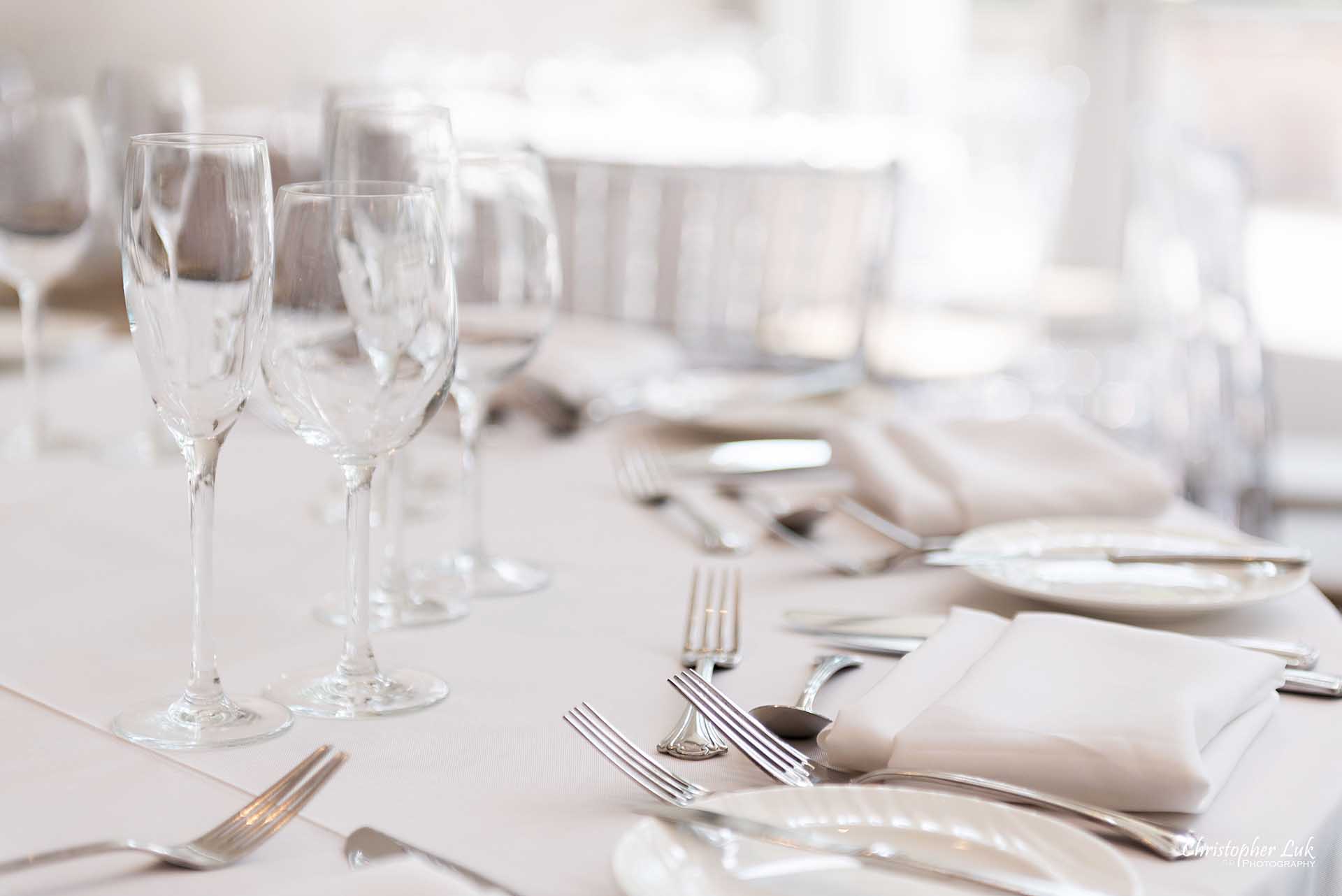 Christopher Luk Toronto Wedding Photographer - The Guild Inn Estate Guildwood Park and Gardens Event Venue Historical Scarborough Bluffs Bickord House Bistro Lunch Dinner Reception Hall Wide Tables Tablecloth Flatware Silverware Glassware Details