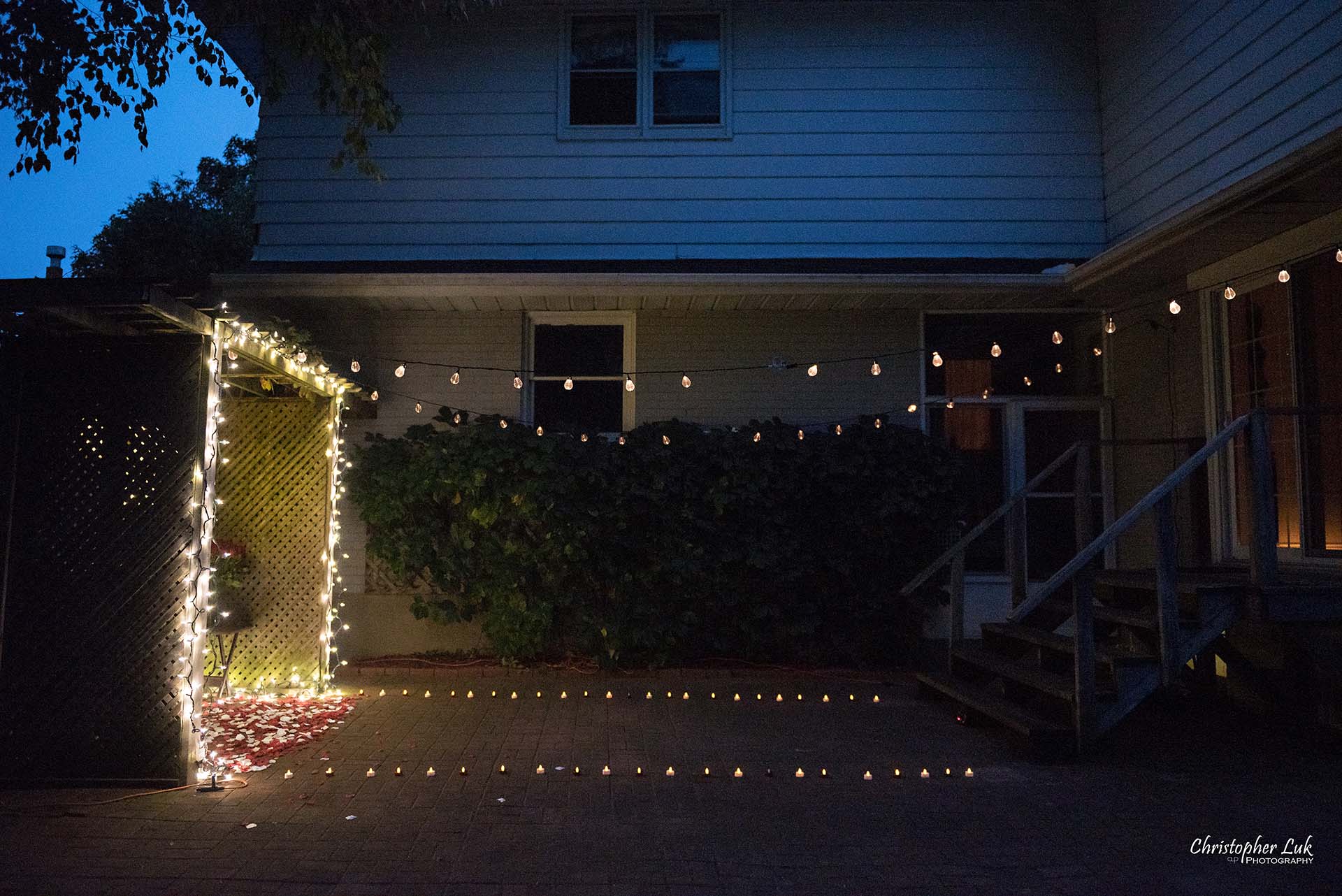 Christopher Luk Toronto Wedding Photographer - Backyard Surprise Proposal Engaged Engagement Gazebo Christmas Fairy Twinkle Lights Flower Petals Marry Me Wide Lights Hanging