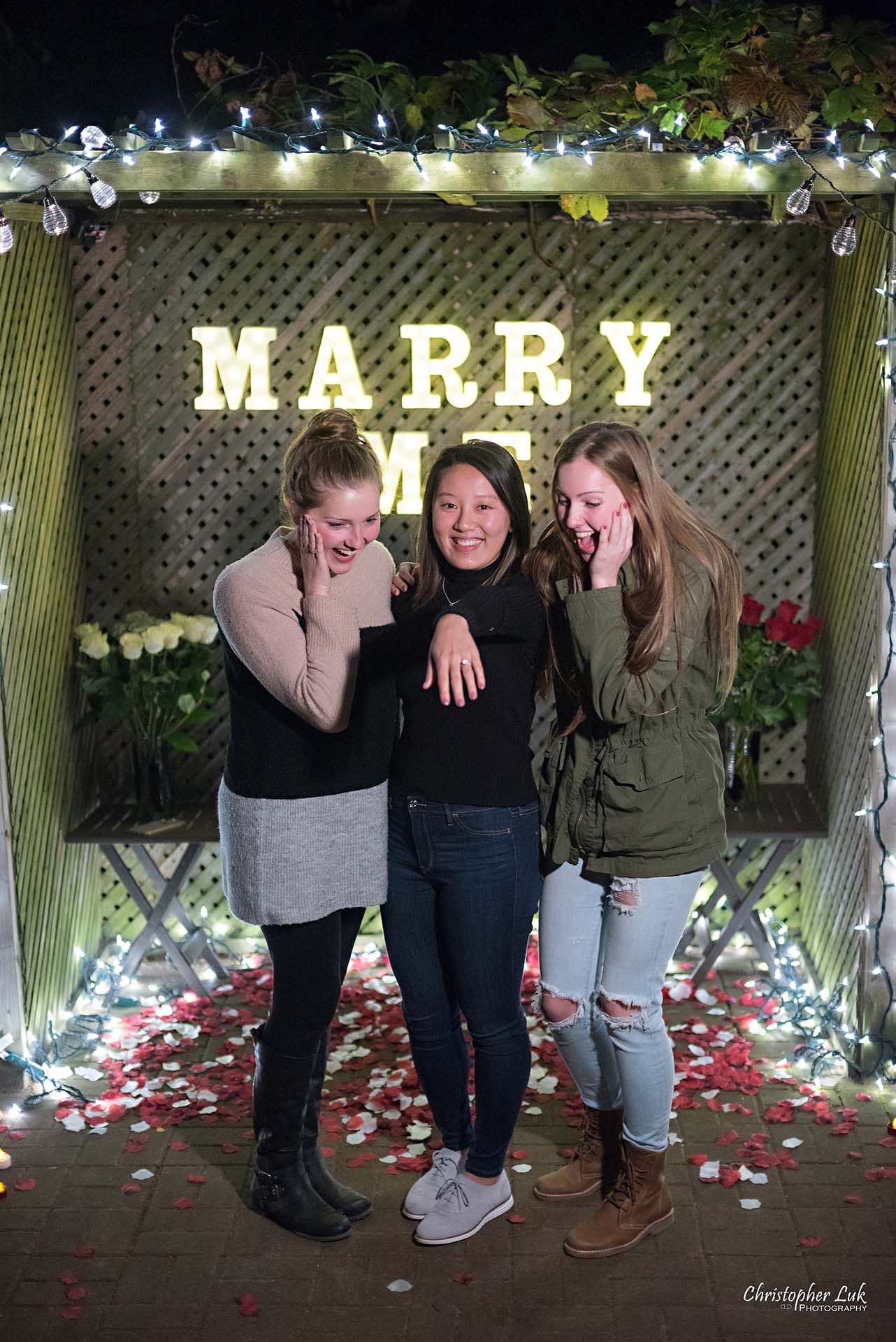 Christopher Luk Toronto Wedding Photographer - Backyard Surprise Proposal Engaged Engagement Gazebo Christmas Fairy Twinkle Lights Flower Petals Marry Me - Bride Sisters Ring Wow