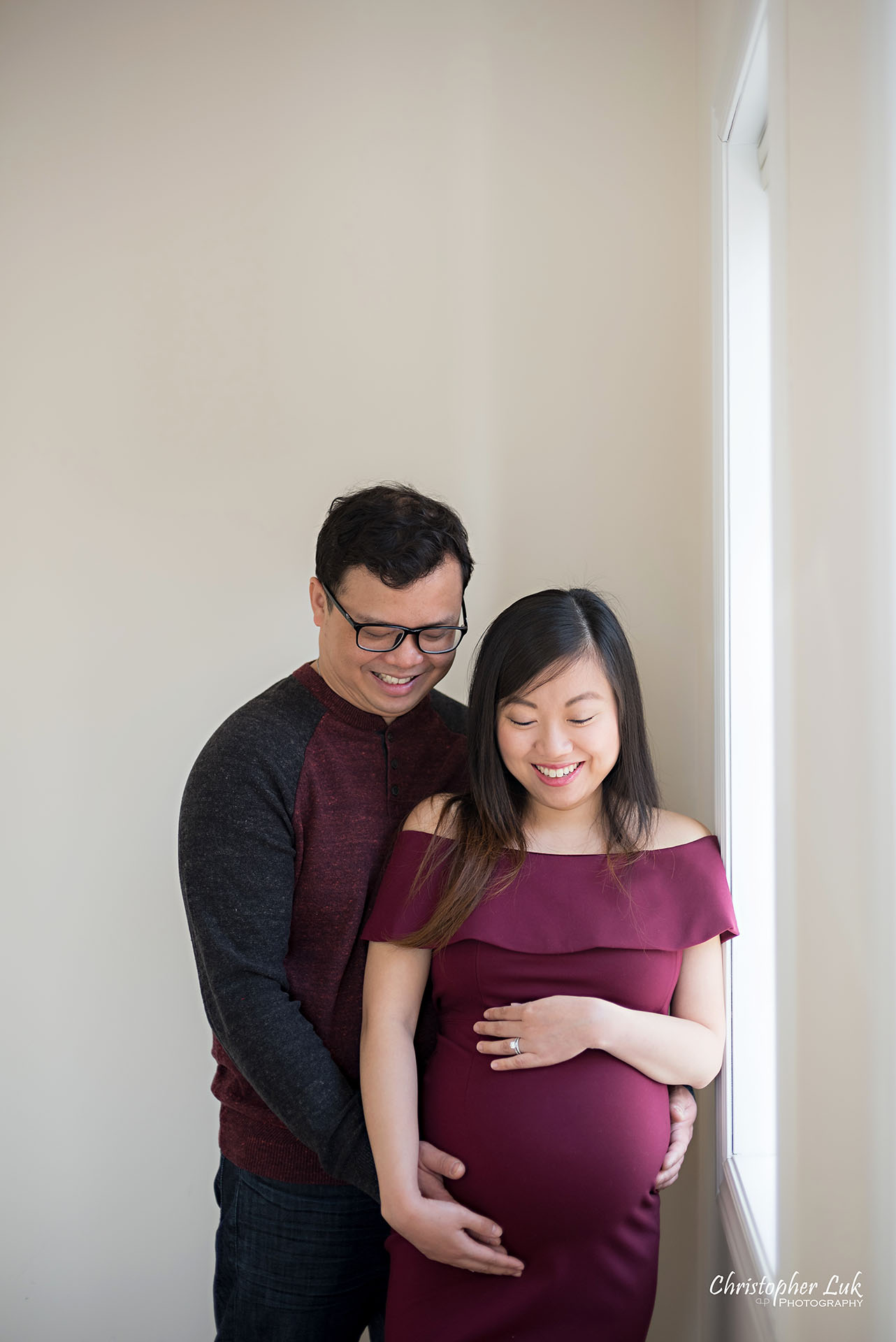 Christopher Luk Toronto Wedding Family Maternity Photographer - Markham Richmond Hill Toronto Natural Candid Photojournalistic Mom Dad Husband Wife Baby Bump Baby Pregnant Pregnancy Smiling Each Other Together Looking Down Hug