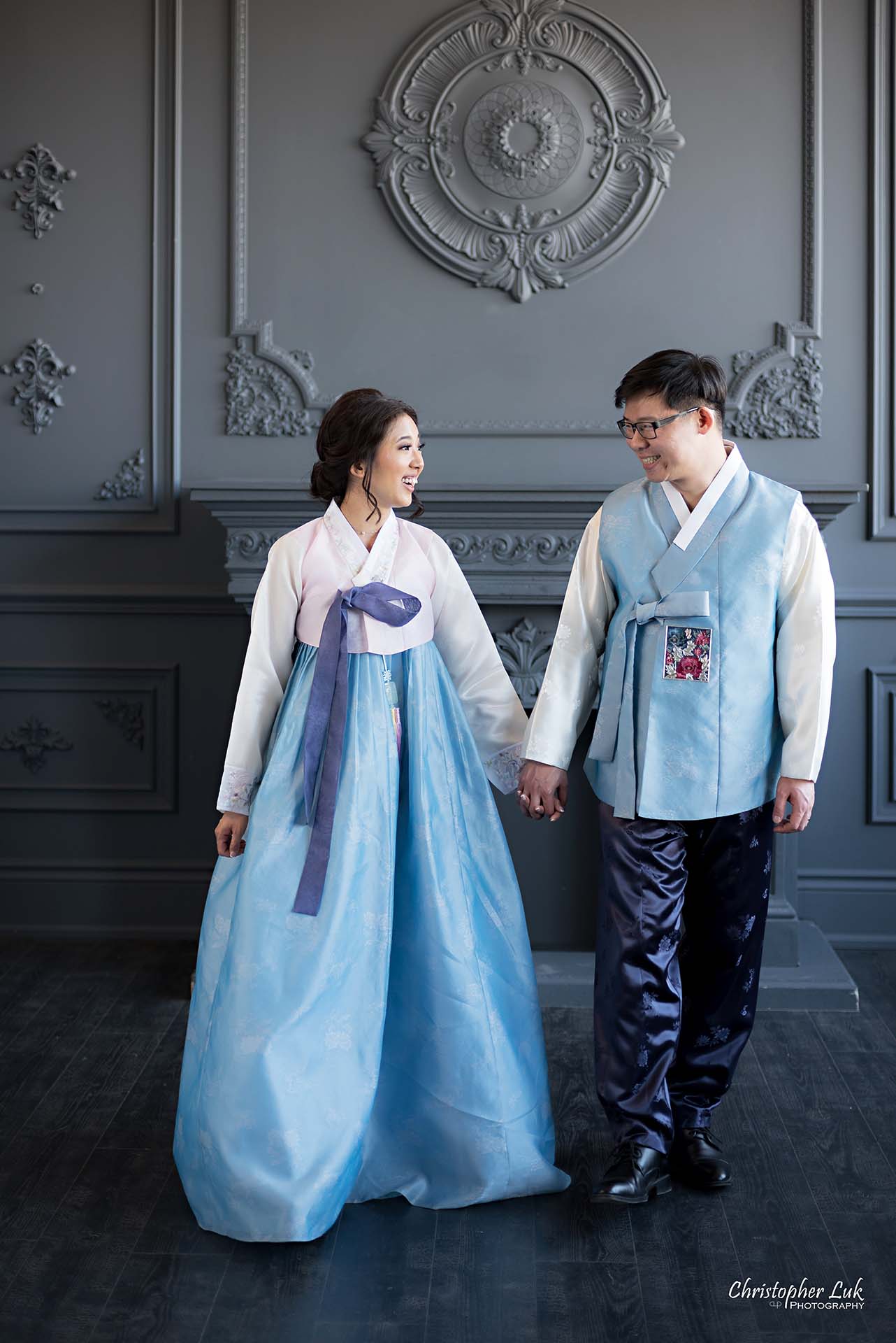 Christopher Luk Toronto Wedding Photographer - Mint Room Studios Bride Groom Natural Candid Photojournalistic Library Studio Korean Drama Hanbok Fireplace Walking Together Holding Hands