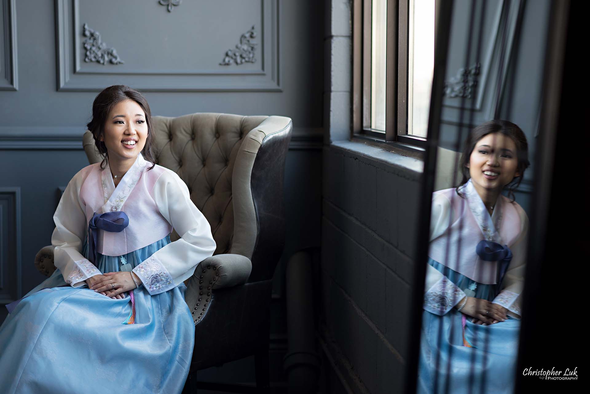 Christopher Luk Toronto Wedding Photographer - Mint Room Studios Bride Natural Candid Photojournalistic Library Studio Korean Drama Hanbok Leather Wingback Chair Mirror