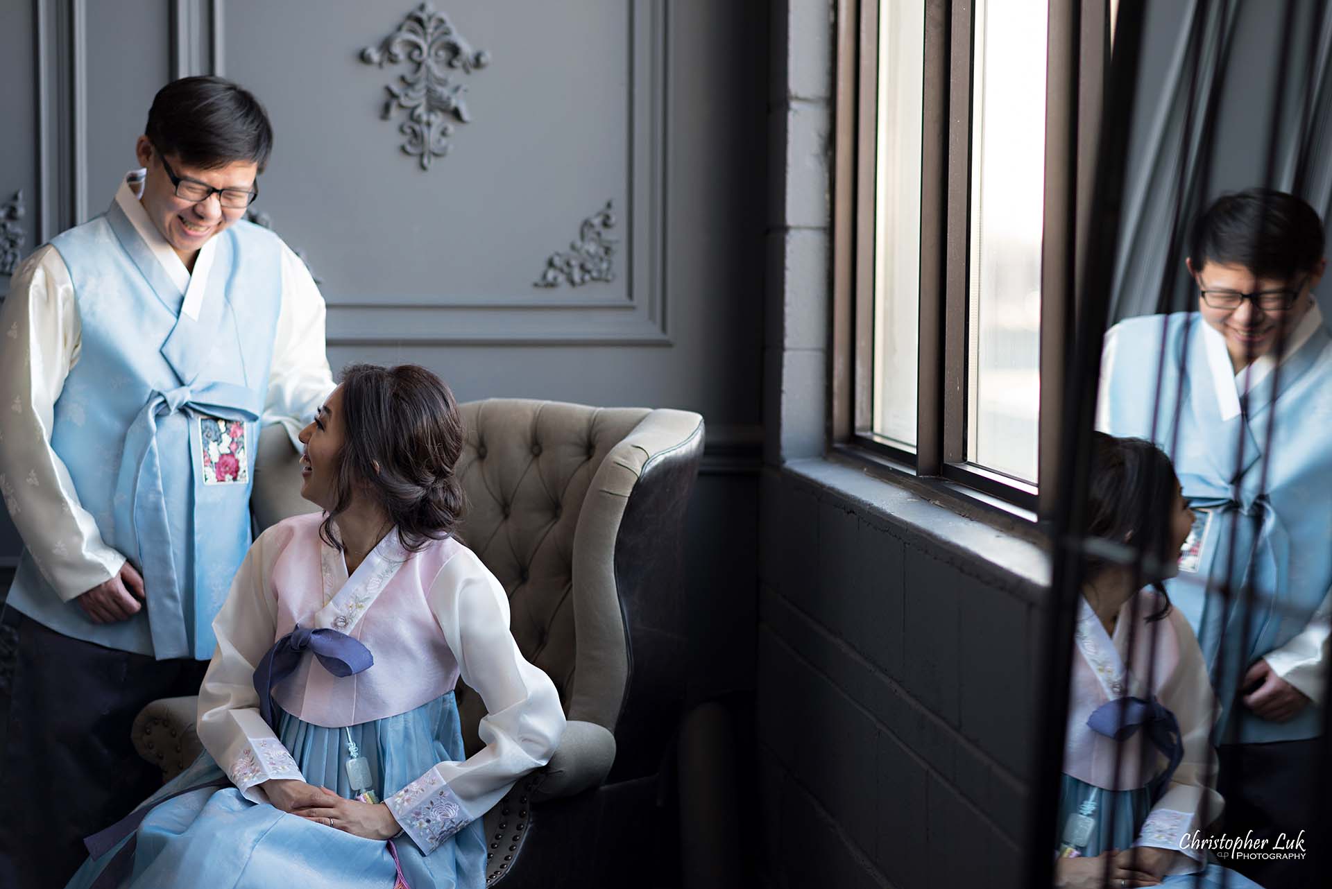 Christopher Luk Toronto Wedding Photographer - Mint Room Studios Bride Groom Natural Candid Photojournalistic Library Studio Korean Drama Hanbok Leather Wingback Chair Mirror Wide