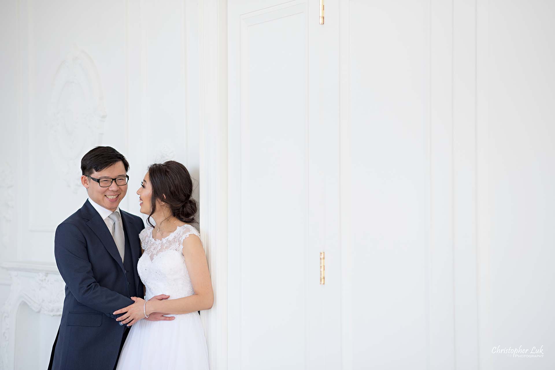 Christopher Luk Toronto Wedding Photographer - Mint Room Studios Bride Groom Natural Candid Photojournalistic Conservatory Ballroom Hug Laugh Wide