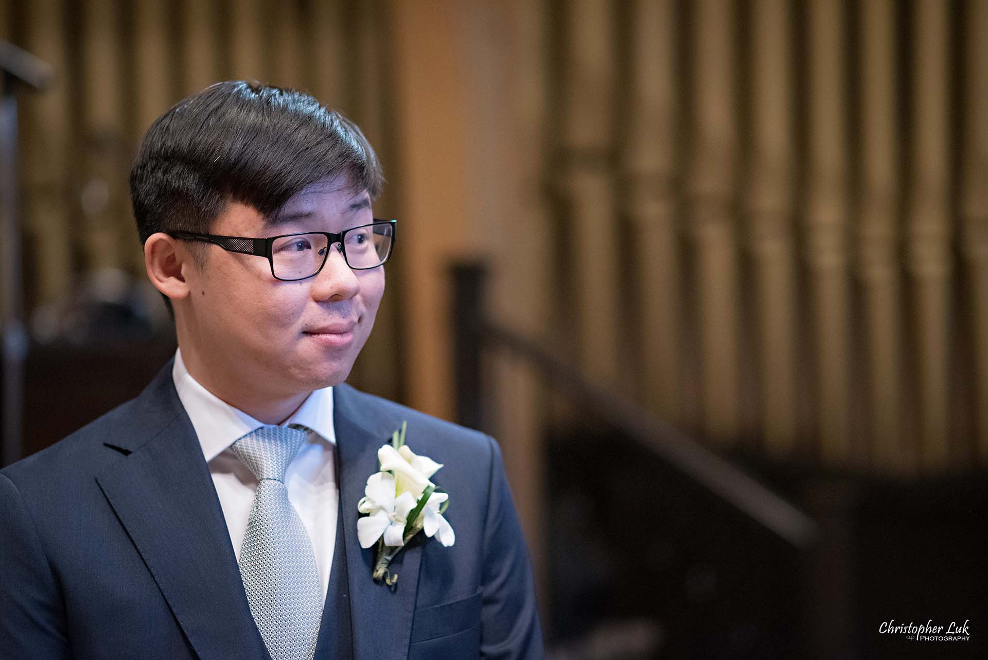 Christopher Luk Toronto Wedding Photographer - Natural Candid Photojournalistic Groom Immanuel Baptist Church Ceremony Reaction Smile Anticipation