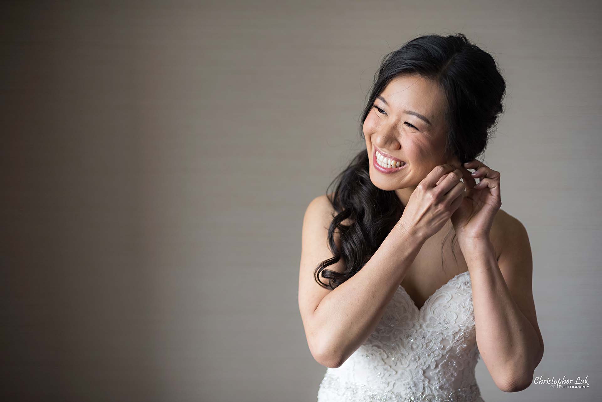 Christopher Luk Toronto Wedding Photographer Hotel Bride Getting Ready Details Bridal Gown Dress Earrings