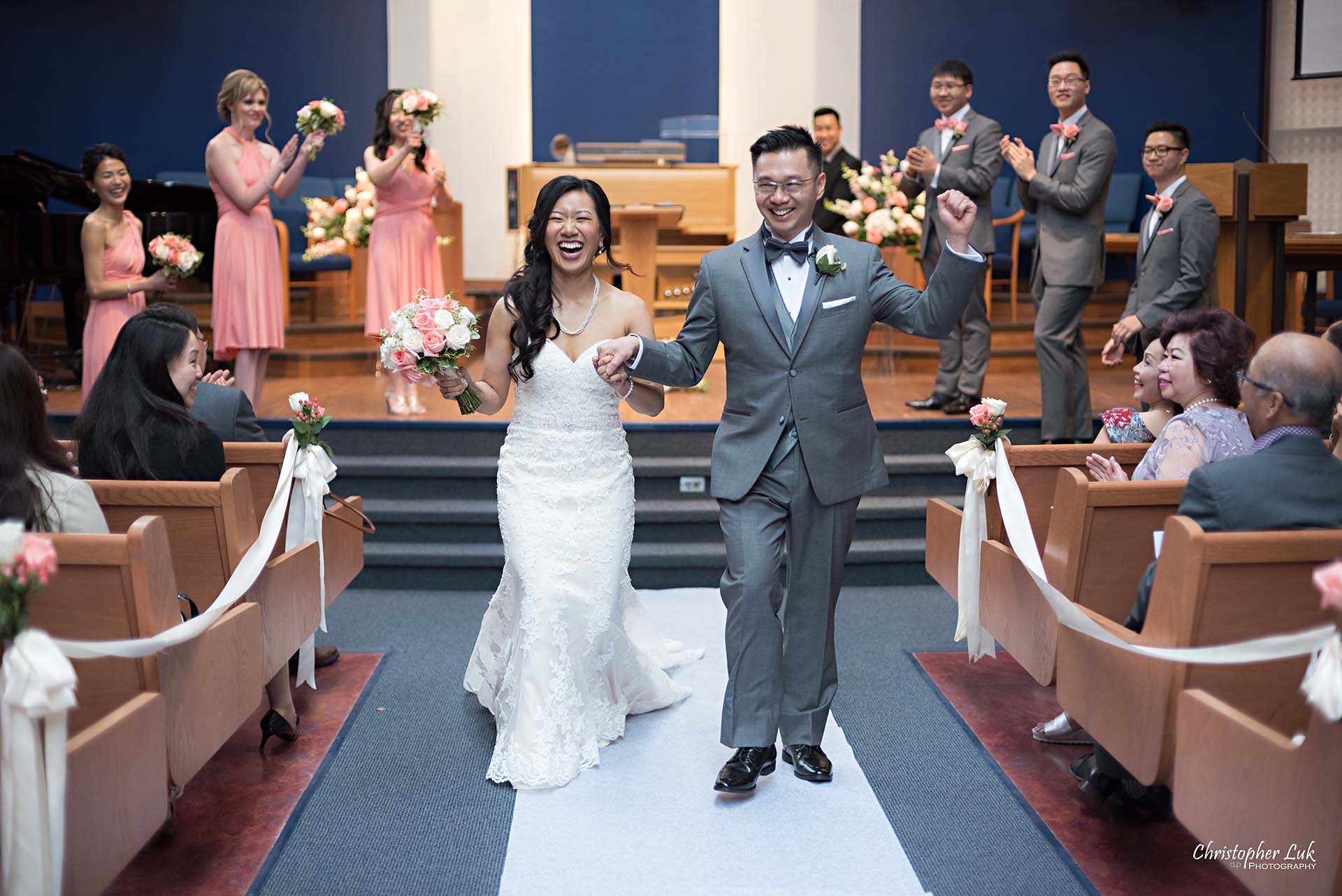 Christopher Luk Toronto Wedding Photographer Trinity York Mills Church Ceremony Sanctuary Candid Natural Photojournalistic Bride Groom Celebrate Celebration Recessional Walking Down the Aisle Together 