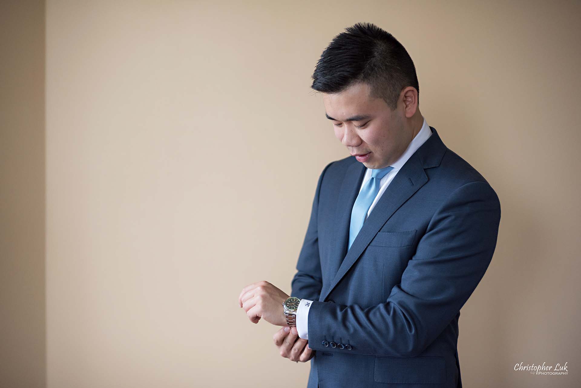 Christopher Luk Toronto Wedding Photographer Groom Getting Ready Preparations Natural Candid Photojournalistic Wingmen Suits Custom Made to Measure Navy Blue Suit Rolex Watch