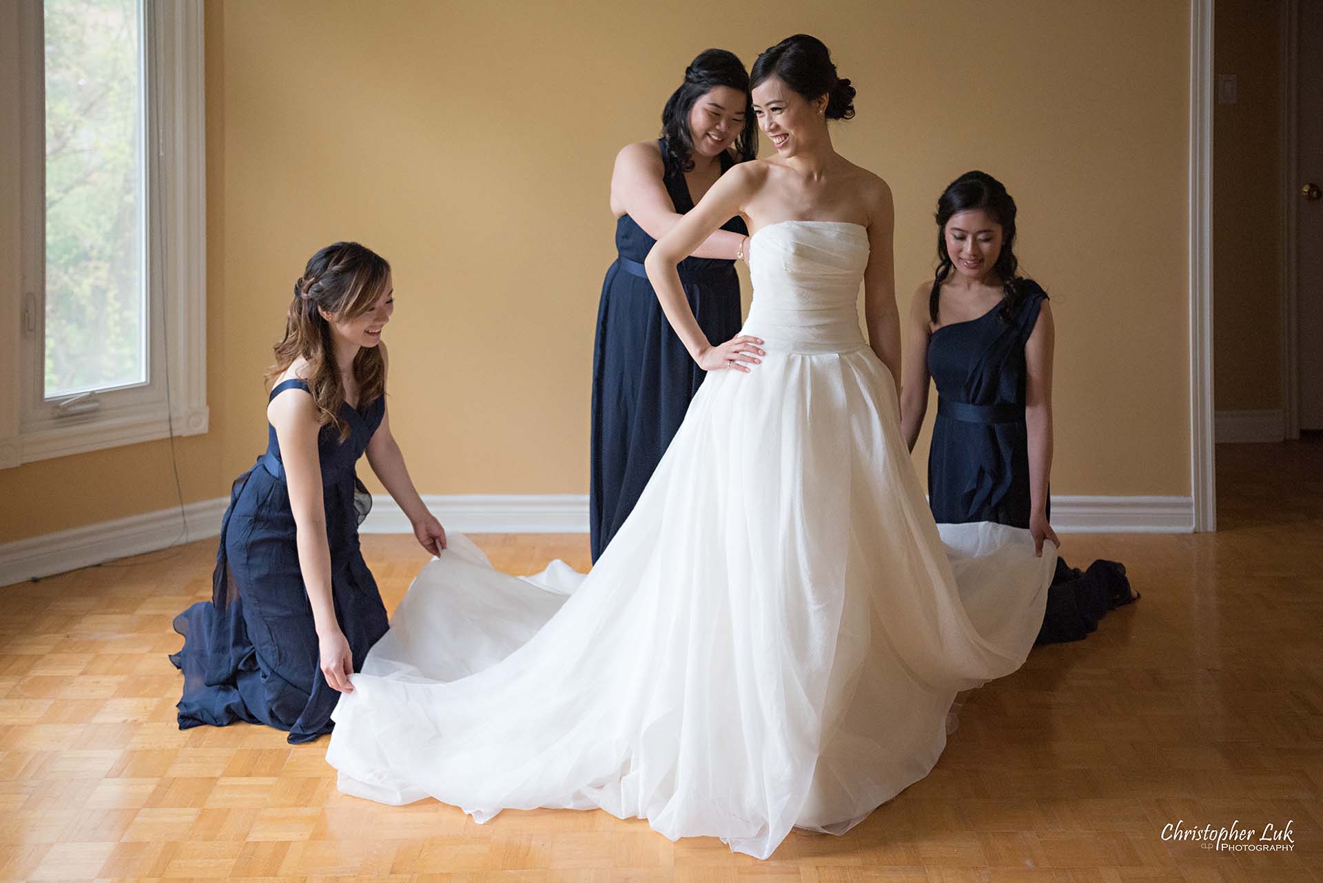 Christopher Luk Toronto Wedding Photographer Bride Getting Ready Preparations Bridal White Gown Dress Maid of Honour Bridesmaids Landscape