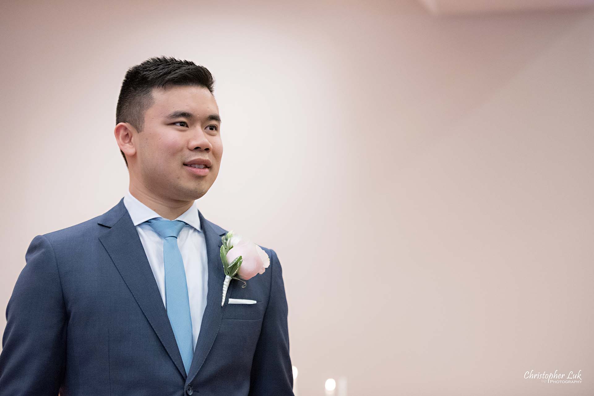 Christopher Luk Toronto Wedding Photographer Chinese Gospel Church Scarborough Ceremony Processional Groom Reaction