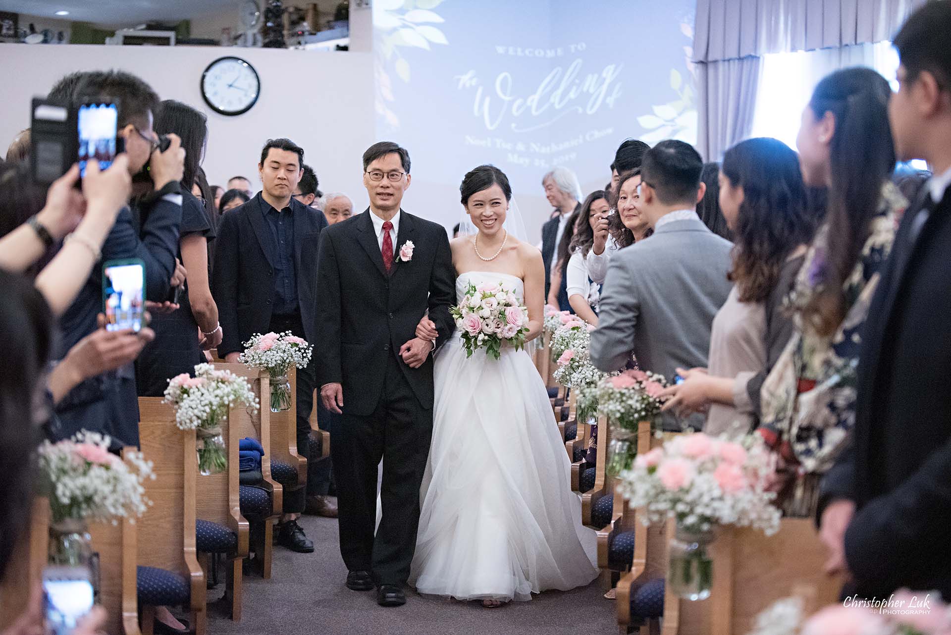 Christopher Luk Toronto Wedding Photographer Chinese Gospel Church Scarborough Ceremony Processional Bride Father Walking Down Aisle Together