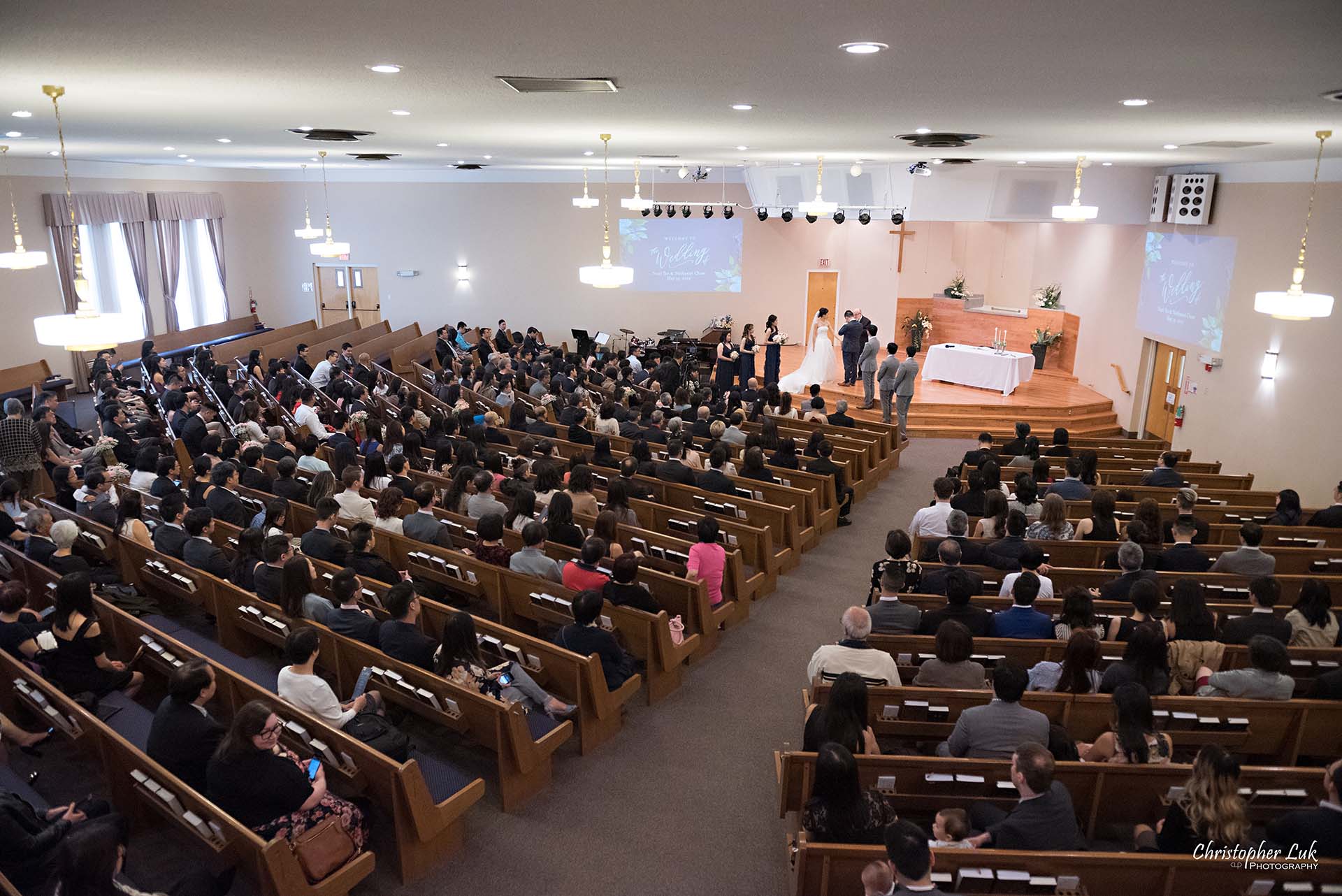 Christopher Luk Toronto Wedding Photographer Chinese Gospel Church Scarborough Ceremony Processional Bride Groom Guests Sanctuary Congregation Balcony 