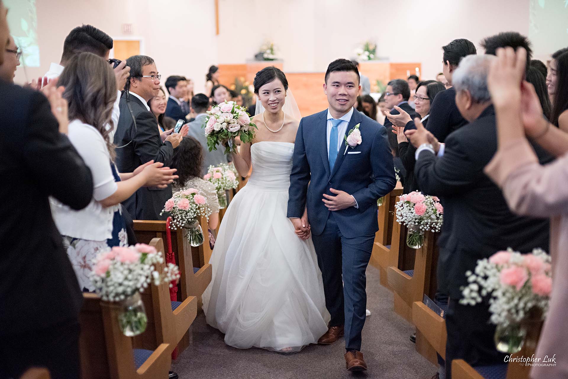 Christopher Luk Toronto Wedding Photographer Chinese Gospel Church Scarborough Ceremony Recessional Bride Groom Walking Aisle Out Together