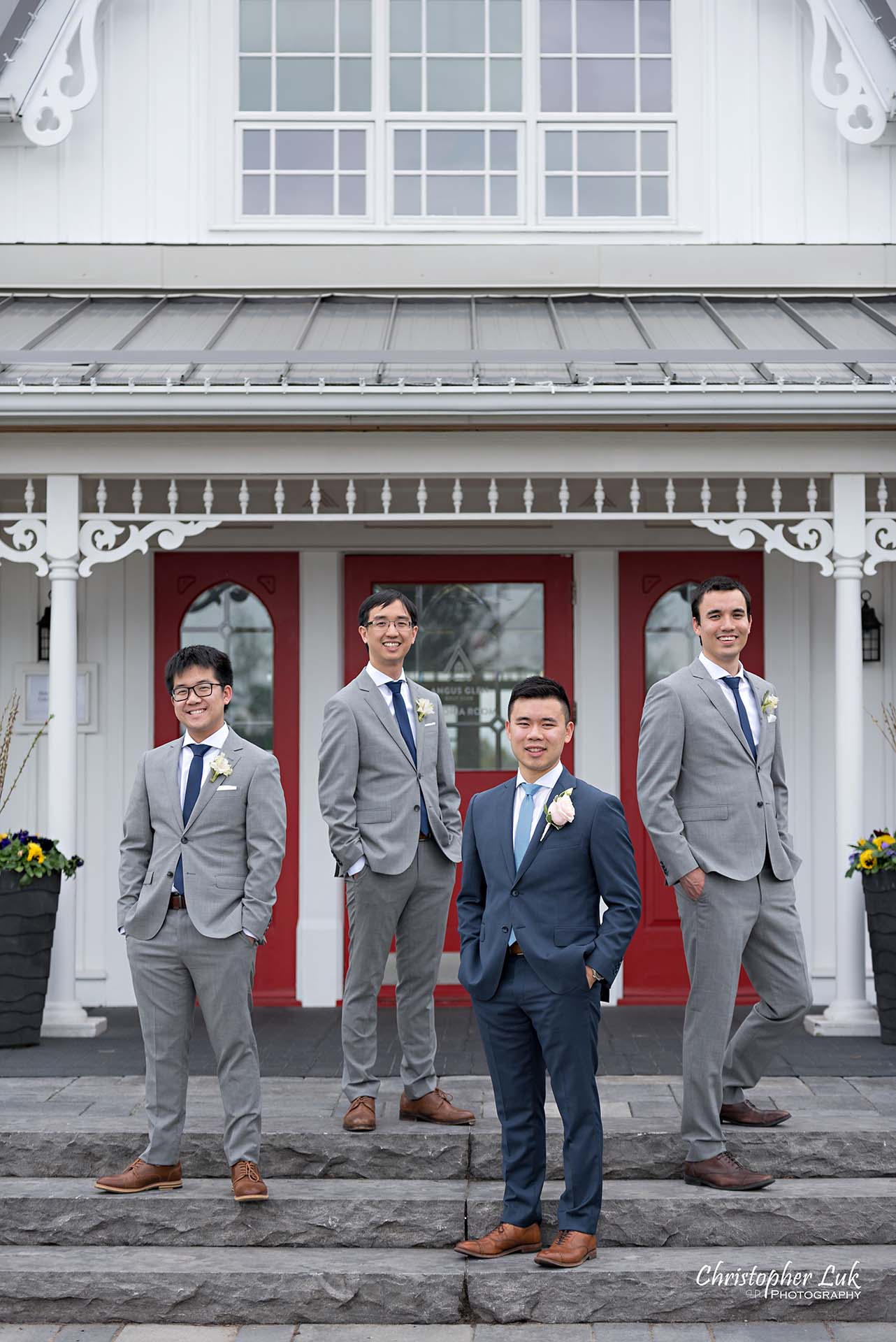 Christopher Luk Toronto Wedding Photographer Angus Glen Golf Club Markham Victoria Room Kennedy Loft Main Historic Estate Building Entrance Bridal Party Best Man Groomsmen Together Natural Candid Photojournalistic Cool Boy Band Album