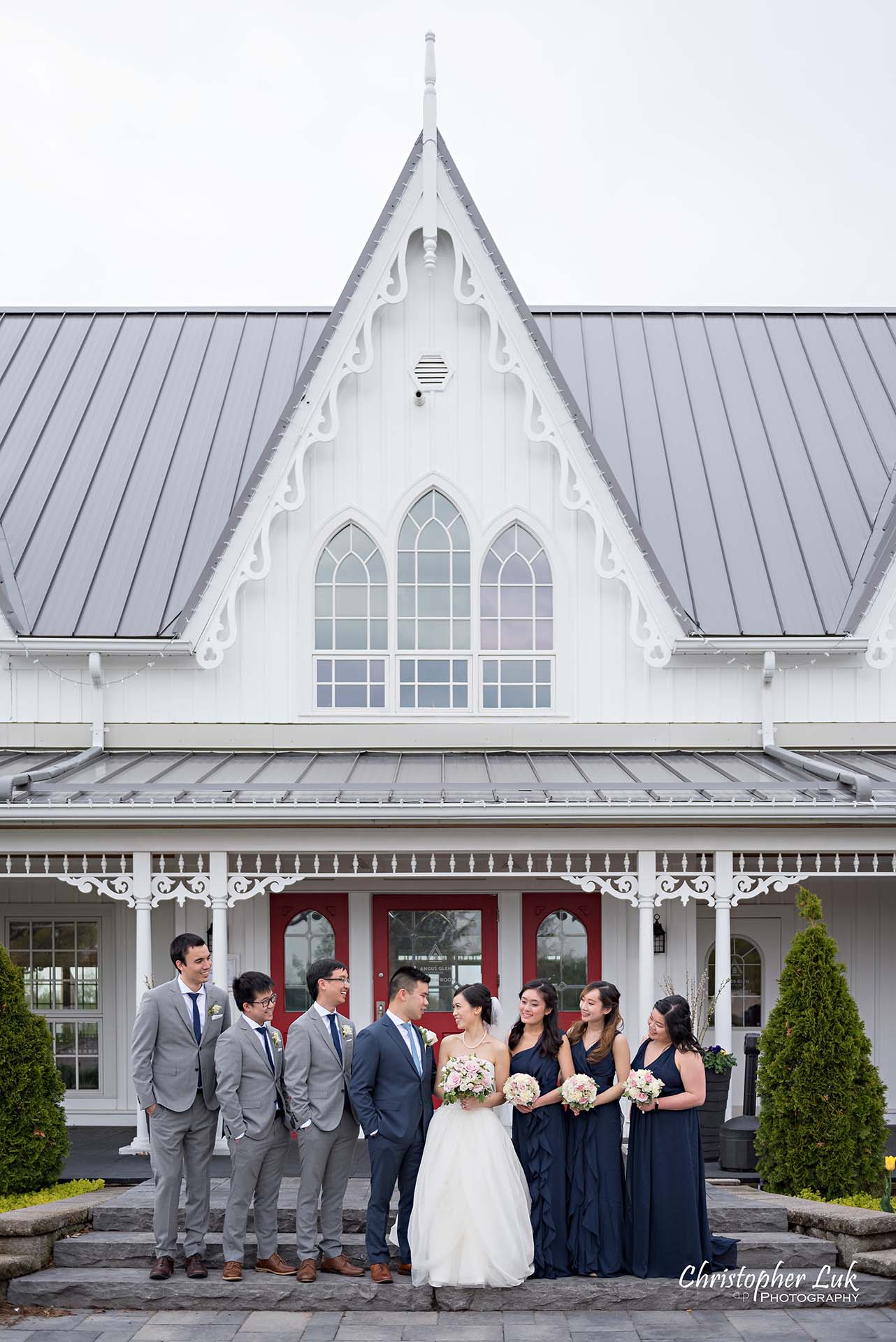 Christopher Luk Toronto Wedding Photographer Angus Glen Golf Club Markham Victoria Room Kennedy Loft Main Historic Estate Building Entrance Bridal Party Maid of Honour Best Man Groomsmen Bridesmaids Together Natural Candid Photojournalistic 