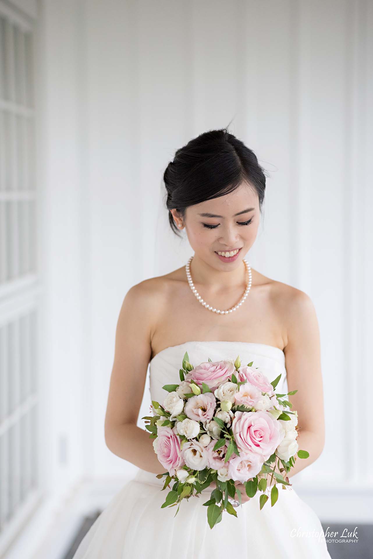 Christopher Luk Toronto Wedding Photographer Angus Glen Golf Club Markham Victoria Room Kennedy Loft Main Historic Estate Building Entrance Together Natural Candid Photojournalistic Bride White Wall Window Floral Bouquet Flowers Portrait