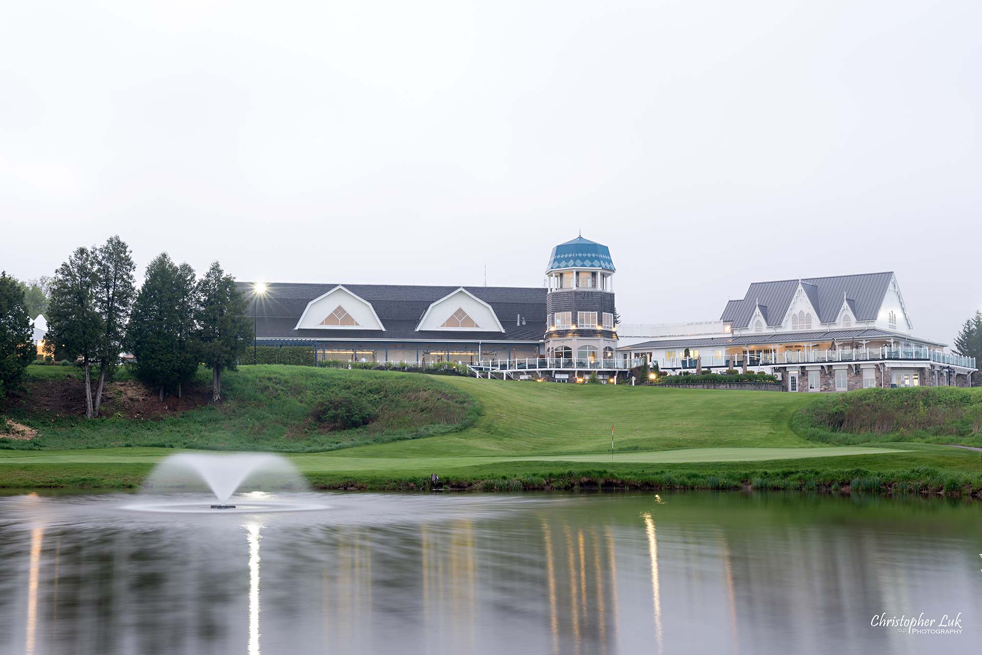 Christopher Luk Toronto Wedding Photographer Angus Glen Golf Club Markham Great Hall Dinner Reception Event Venue Green Field Sunset Green Pond Lake Clubhouse Landscape Water Fountain Long Exposure