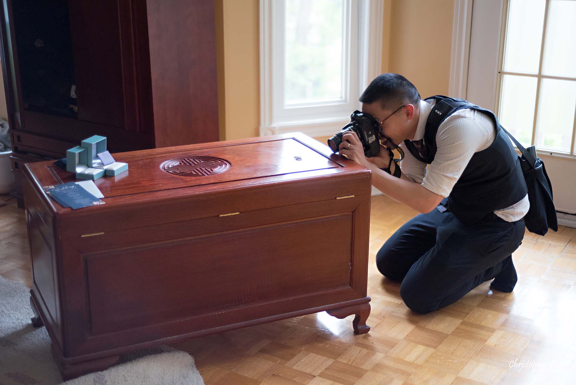 Christopher Luk Toronto Wedding Photographer Behind the Scenes Bride Getting Ready Home Wooden Chest Rings Bands Macro Lens Details 