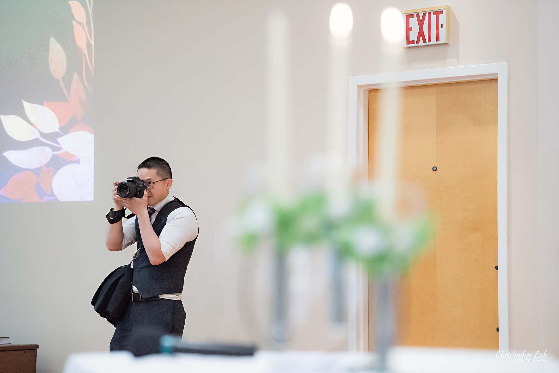 Christopher Luk Toronto Wedding Photographer Behind the Scenes Scarborough Chinese Gospel Church Toronto Ceremony Altar Stage Vows