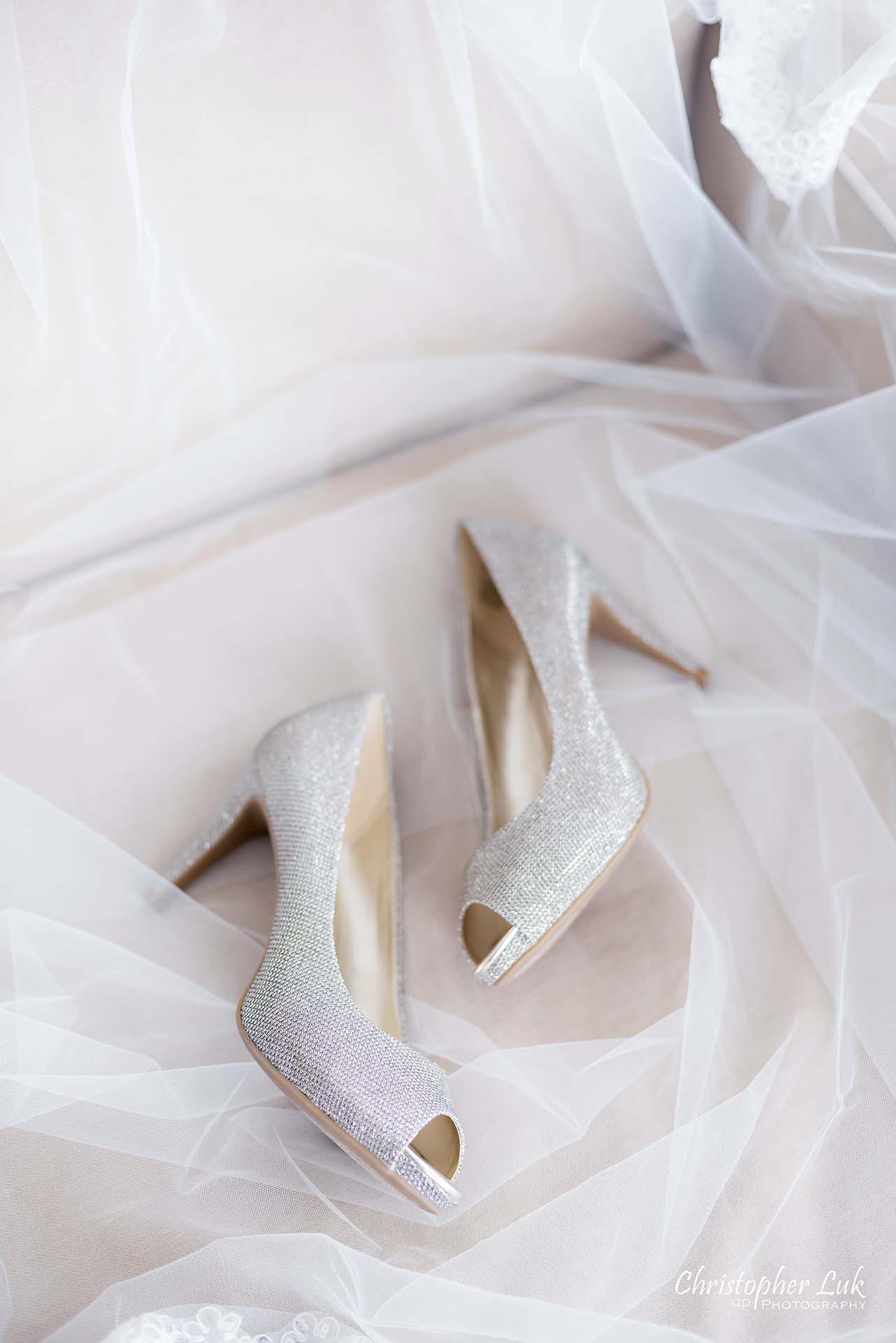 Christopher Luk Toronto Christian Community Church Kleinburg McMichael Art Gallery Vaughan Wedding Photographer Scarborough Wedding Details Bride Bridal Crystal Studded Shiny Glitter Silver High Heel Shoes Peep Toe Pumps Veil 