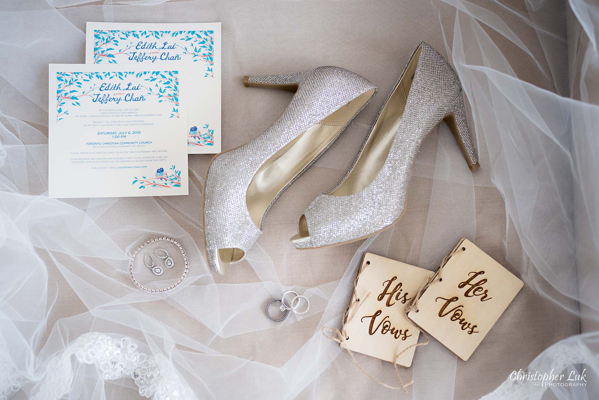 Christopher Luk Toronto Christian Community Church Kleinburg McMichael Art Gallery Vaughan Wedding Photographer Scarborough Wedding Details Bride Bridal Crystal Studded Shiny Glitter Silver High Heel Shoes Peep Toe Pumps Veil Laser Engraved Wooden Vow Vows Book Books Flat Lay Layflat Invitation Stationery Stationary Names Calligraphy Header Design Bracelet Earrings Rings Bands 