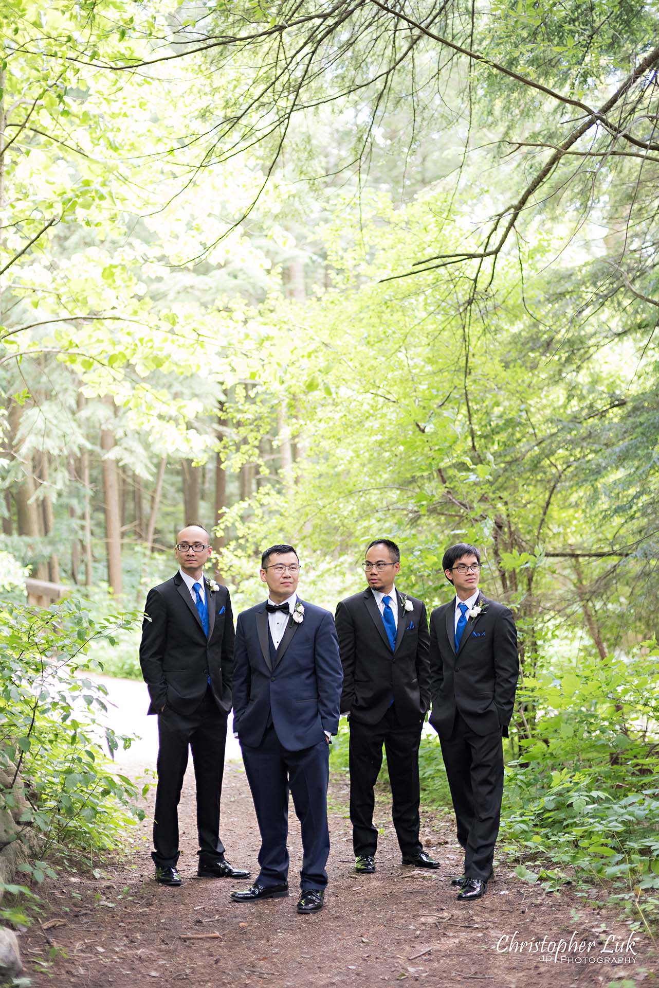 Christopher Luk Toronto Christian Community Church Kleinburg McMichael Art Gallery Presidente Banquet Hall Vaughan Wedding Photographer Groom Best Man Groomsmen Natural Candid Photojournalistic Forest Woods Wooded Area Tall Trees Cool Boy Band Album Cover 