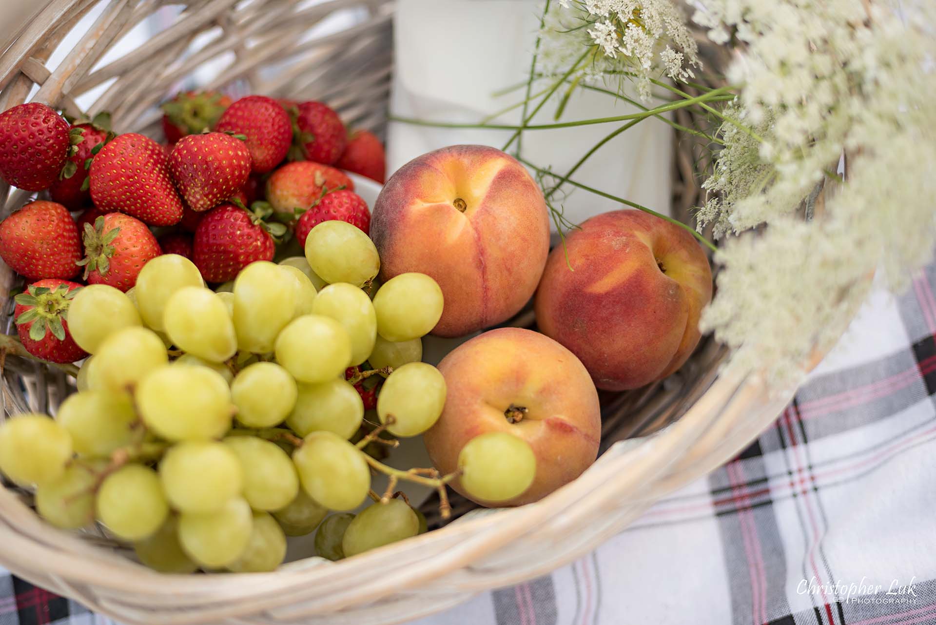 Christopher Luk Toronto Photographer Scarborough Bluffs Beach Park Sunset Surprise Wedding Marriage Engagement Proposal Candid Natural Photojournalistic Bride Groom Picnic Blanket Basket Fruit Basket Grapes Strawberries Peaches Detail