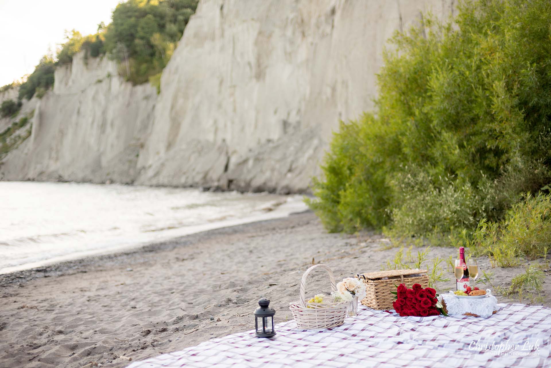 Christopher Luk Toronto Photographer Scarborough Bluffs Beach Park Sunset Surprise Wedding Marriage Engagement Proposal Picnic Blanket Basket