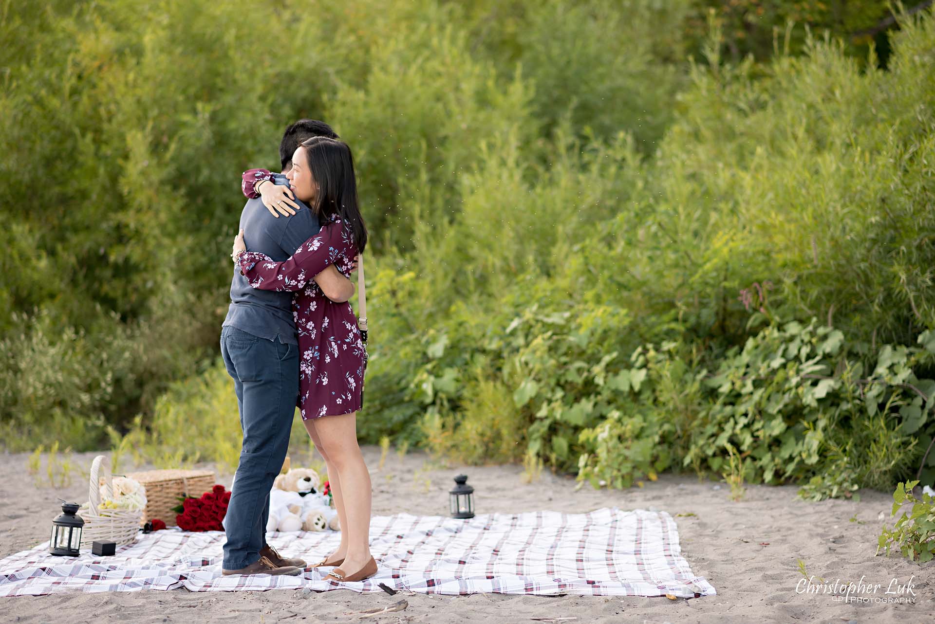 Christopher Luk Toronto Photographer Scarborough Bluffs Beach Park Sunset Surprise Wedding Marriage Engagement Proposal Candid Natural Photojournalistic Bride Groom Picnic Blanket Basket She Said Yes Engaged Ring on Finger Hug