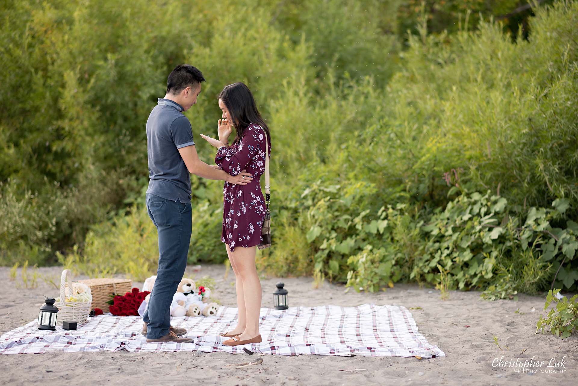 Christopher Luk Toronto Photographer Scarborough Bluffs Beach Park Sunset Surprise Wedding Marriage Engagement Proposal Candid Natural Photojournalistic Bride Groom Picnic Blanket Basket She Said Yes Engaged Ring on Finger