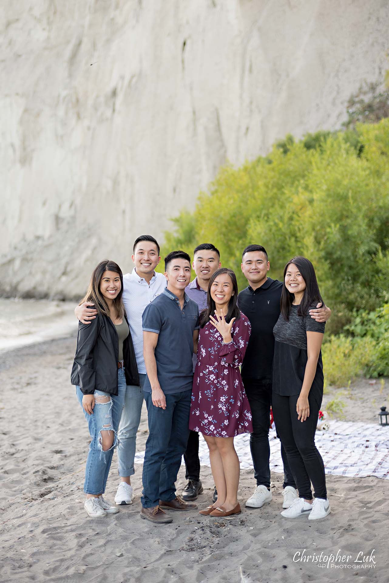 Christopher Luk Toronto Photographer Scarborough Bluffs Beach Park Sunset Surprise Wedding Marriage Engagement Proposal Candid Natural Photojournalistic Bride Groom Friends Helpers Group Photo