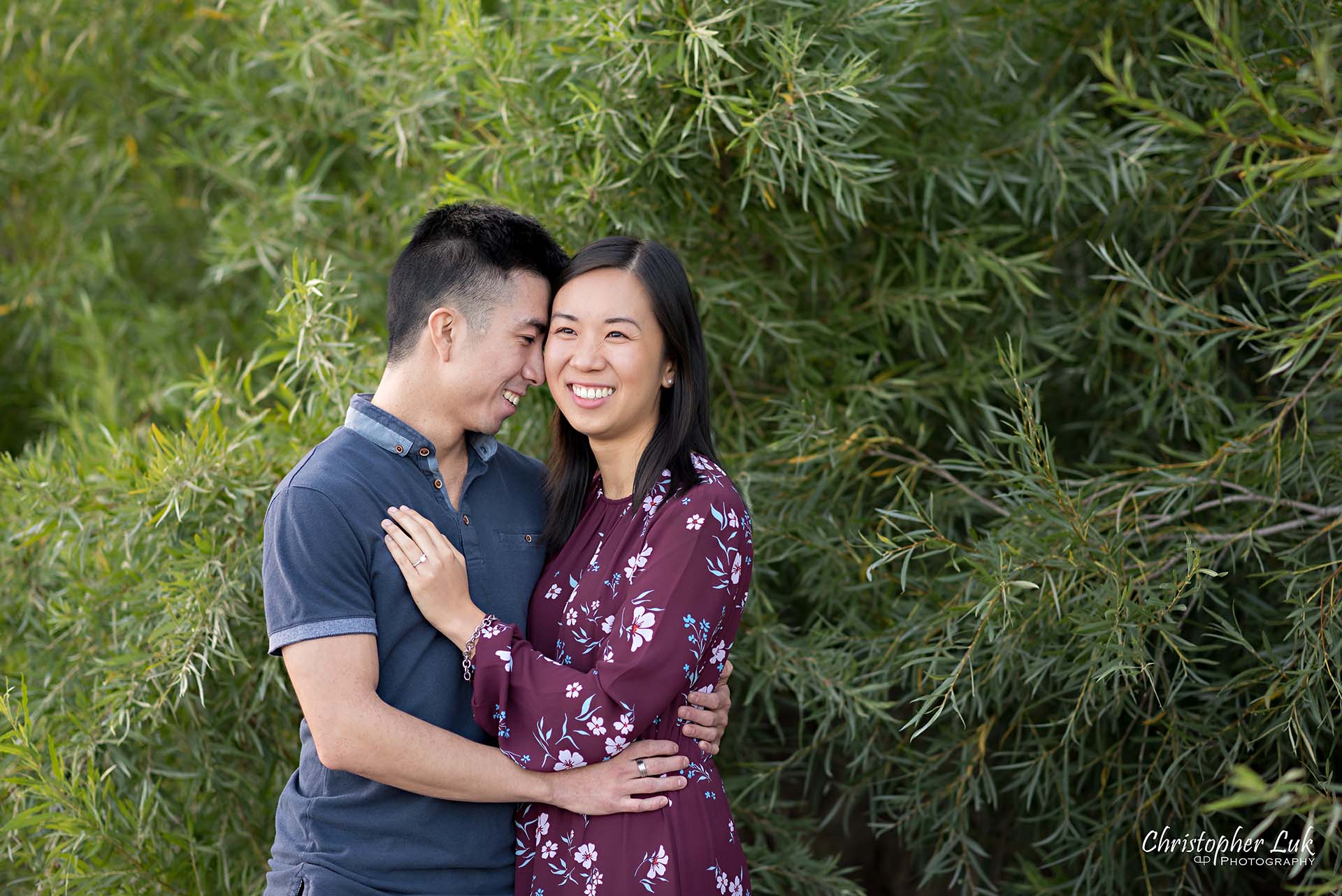 Christopher Luk Toronto Photographer Scarborough Bluffs Beach Park Sunset Surprise Wedding Marriage Engagement Proposal Candid Natural Photojournalistic Bride Groom Trees Greenery Shrubs Hug Touching Foreheads Laughing