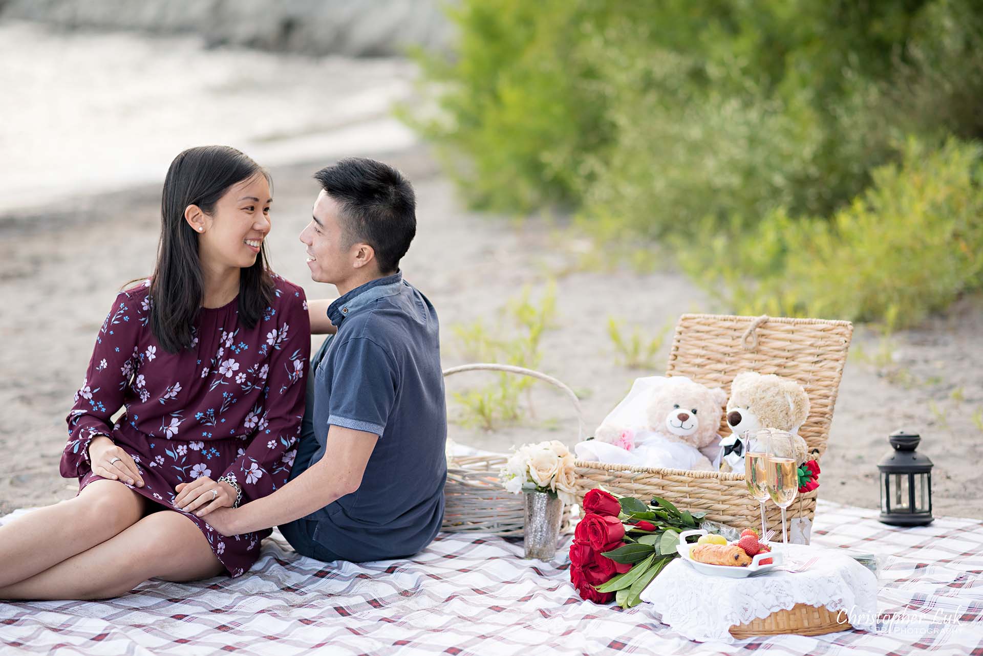 Christopher Luk Toronto Photographer Scarborough Bluffs Beach Park Sunset Surprise Wedding Marriage Engagement Proposal Candid Natural Photojournalistic Bride Groom Picnic Blanket Basket Teddy Bears Sitting Together Laughing Smiling