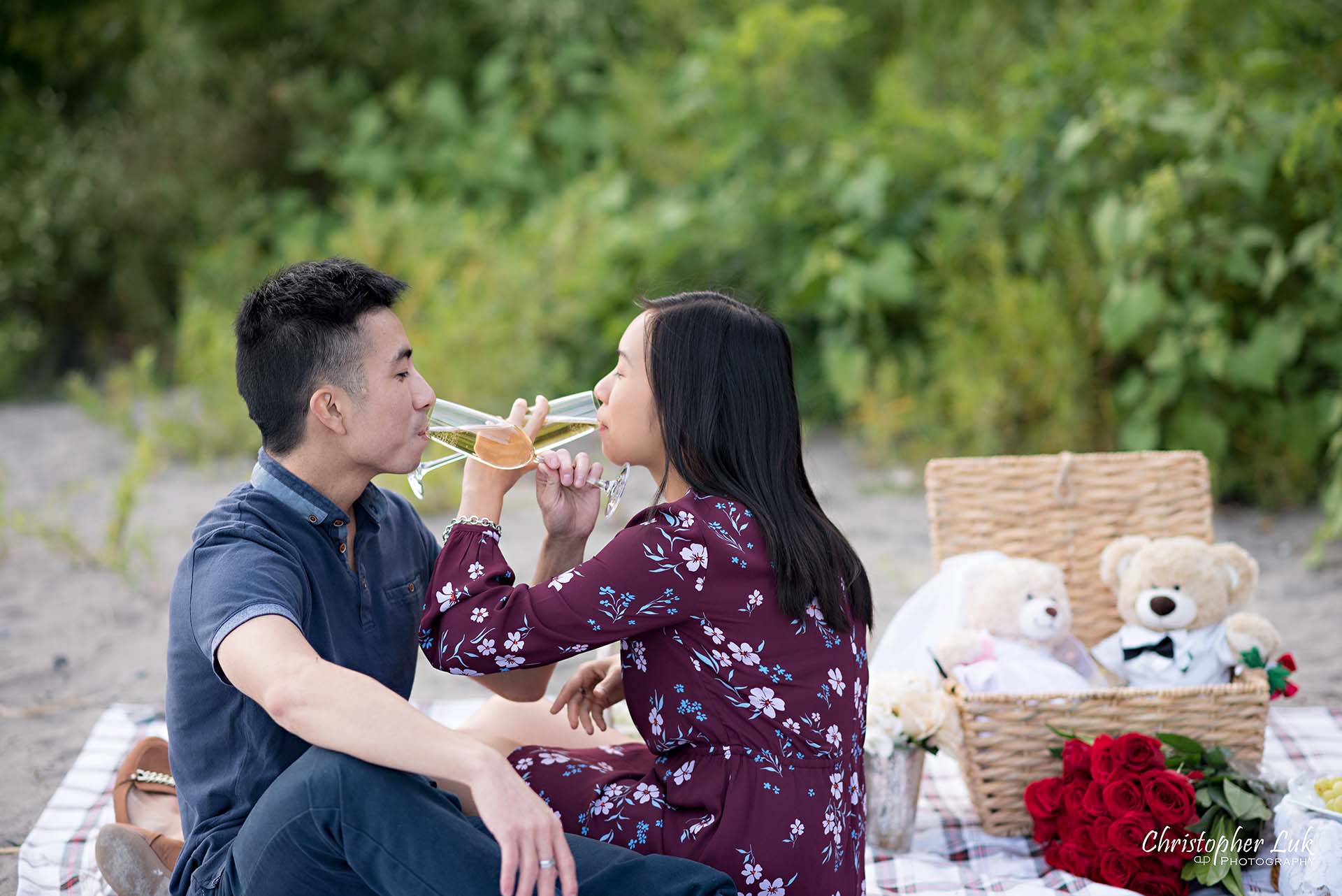 Christopher Luk Toronto Photographer Scarborough Bluffs Beach Park Sunset Surprise Wedding Marriage Engagement Proposal Candid Natural Photojournalistic Bride Groom Picnic Blanket Basket Teddy Bears Champagne Glasses Flutes Drinking Together Smile