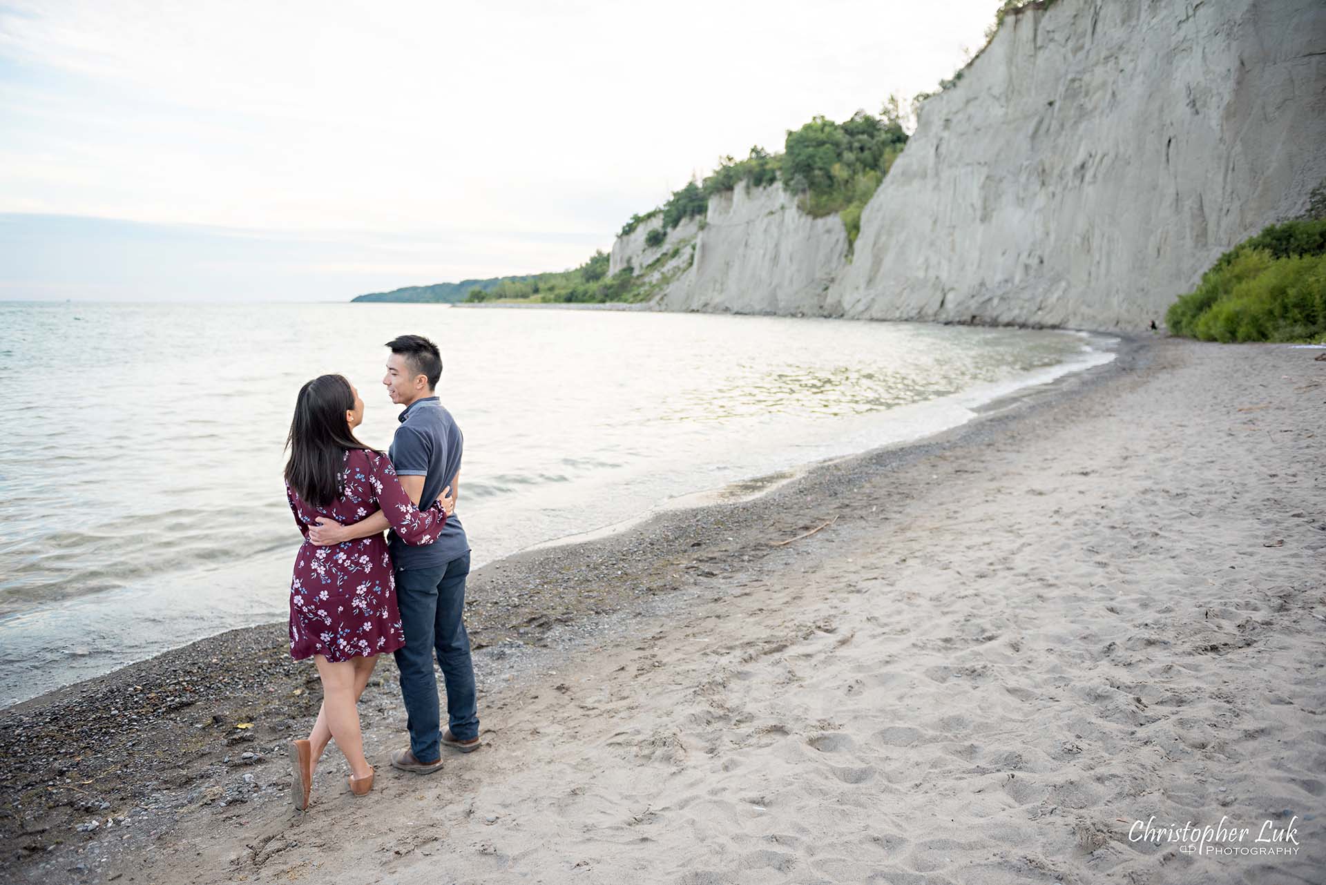 Christopher Luk Toronto Photographer Scarborough Bluffs Beach Park Sunset Surprise Wedding Marriage Engagement Proposal Candid Natural Photojournalistic Bride Groom Waterfront Water Lake Ontario Background Beachfront Sand Hug Angle