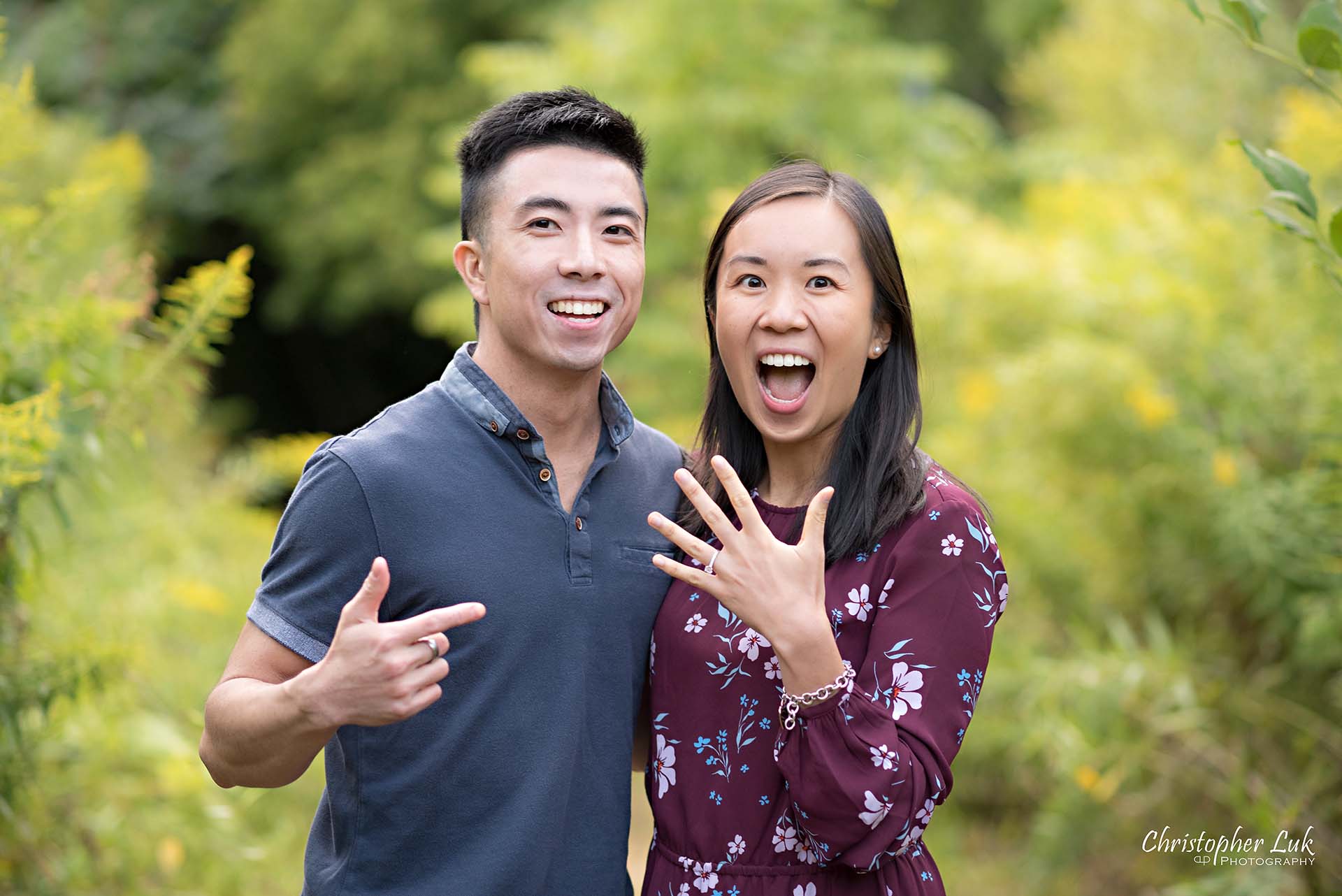 Christopher Luk Toronto Photographer Scarborough Bluffs Beach Park Sunset Surprise Wedding Marriage Engagement Proposal Candid Natural Photojournalistic Bride Groom Hug Greenery Forest Wooded Area She Said Yes Engaged Diamond Ring Funny Fun Reaction Point