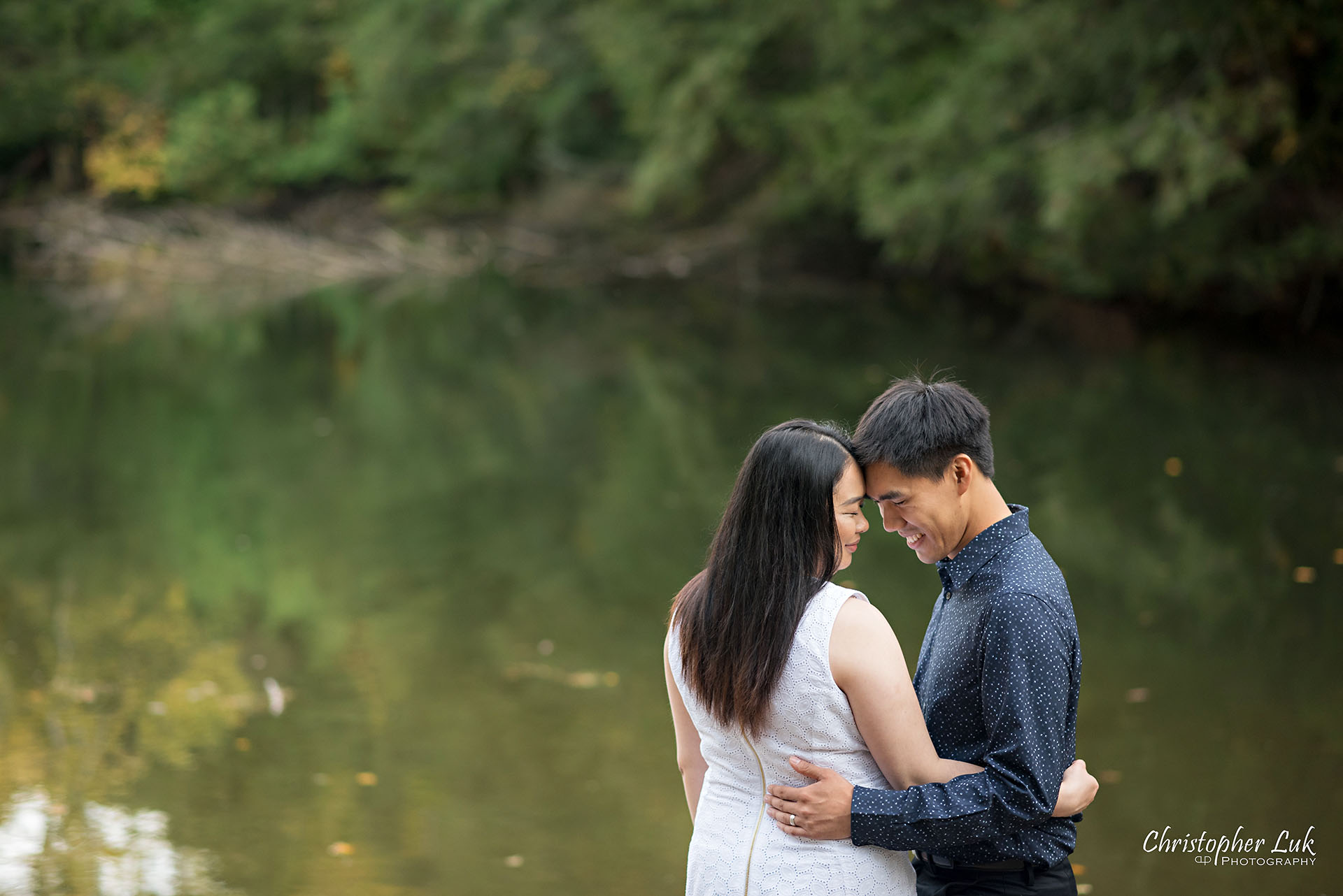 Christopher Luk Toronto Wedding Photographer Stouffville Forest Conservation Park Engagement Session Candid Natural Photojournalistic Bride Groom Walking Together Pond Lake River Scenic Water Reflection Hug Hold Laugh Landscape