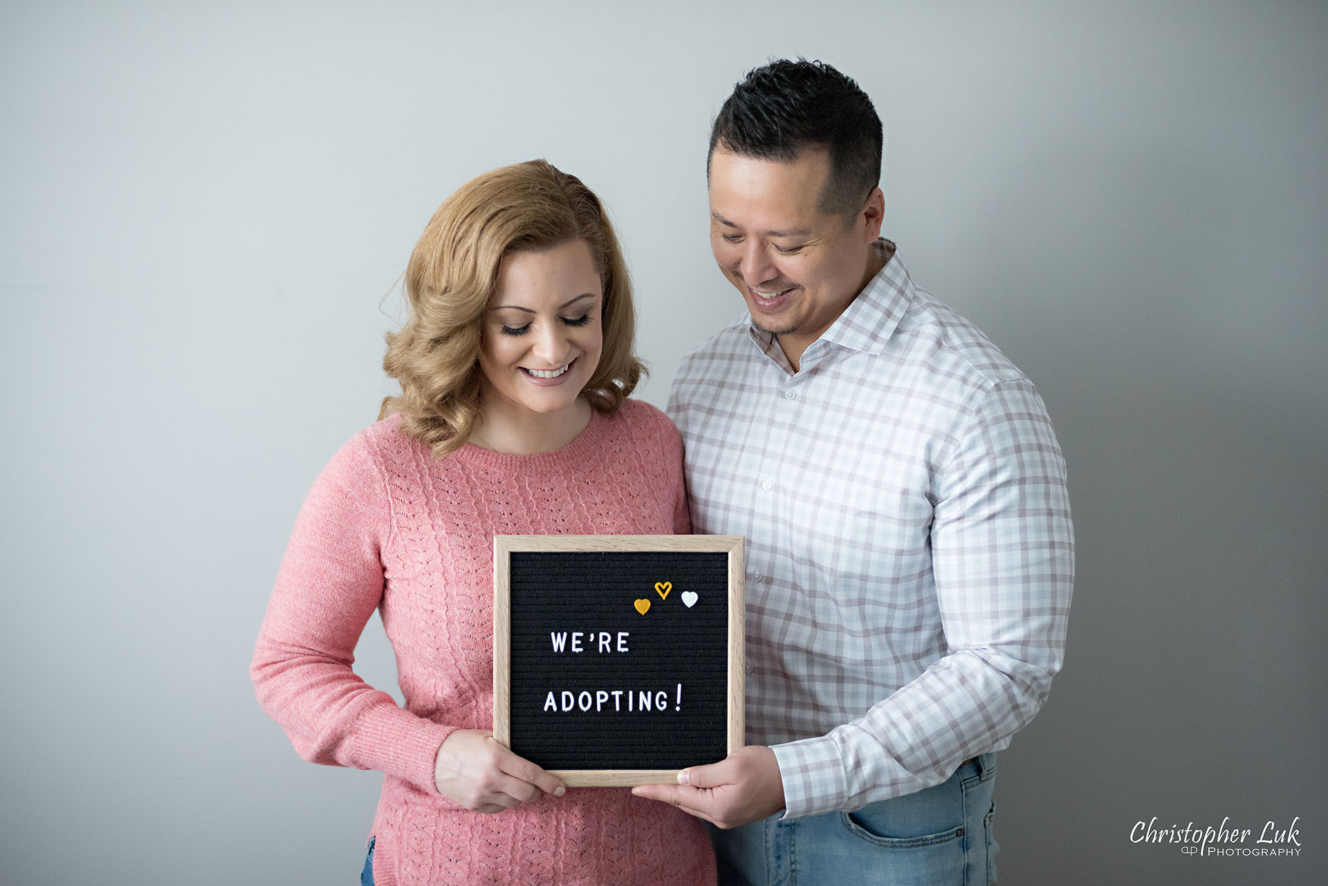 Christopher Luk Toronto Markham Family Adoption LifeBook Photographer Pictures Photos Children Session Parents We're Adopting Letter Board Sign Smile