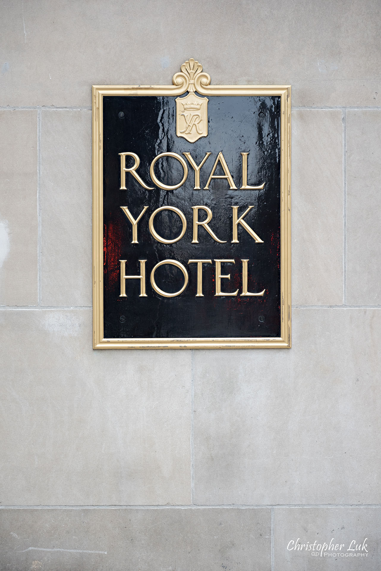 Toronto Fairmont Royal York Hotel Wedding Christopher Luk Photographer Photography Main Entrance Street Exterior Plaque Emblem Font Sign Name Logo