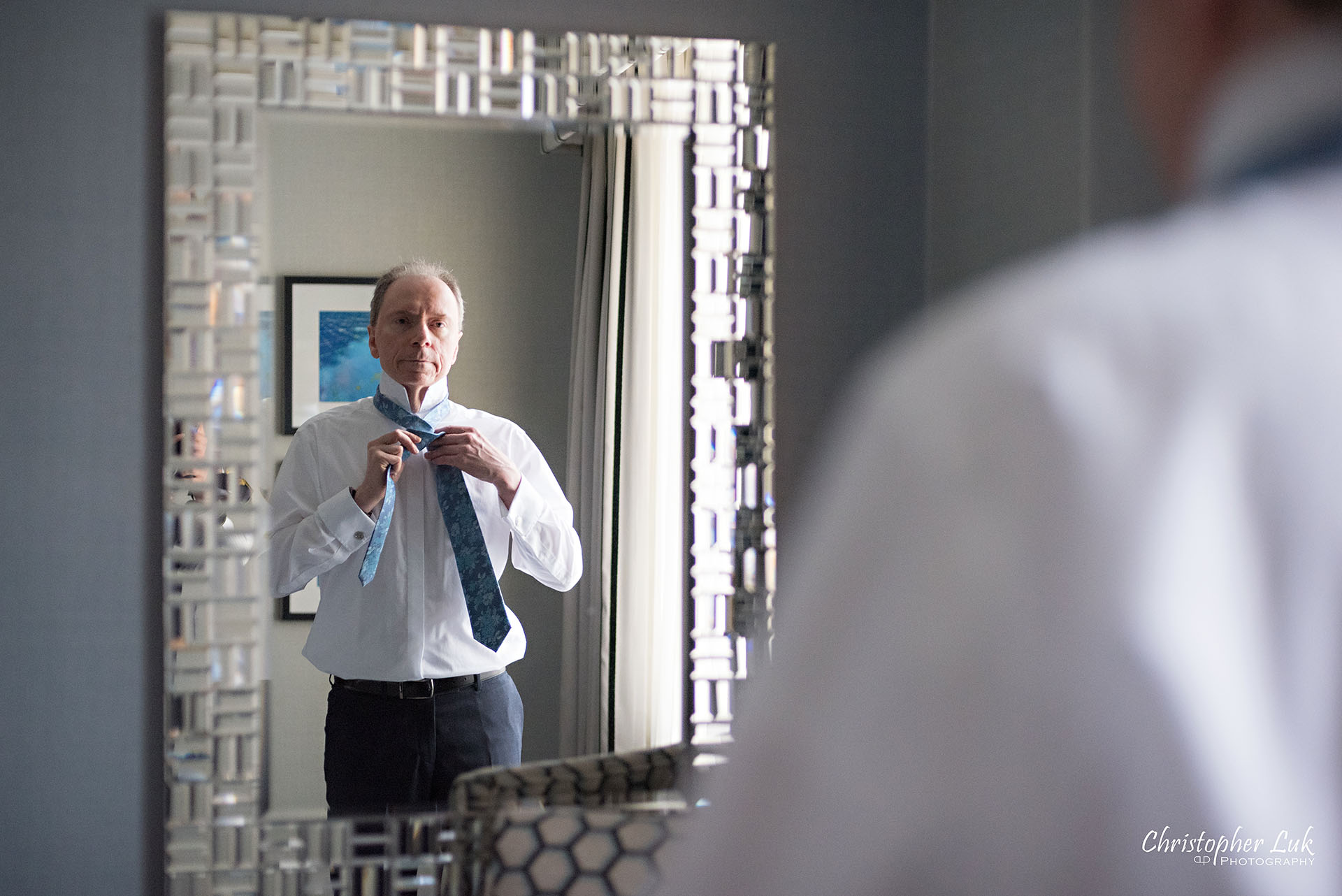 Toronto Fairmont Royal York Hotel Wedding Christopher Luk Photographer Photography Groom Getting Ready Natural Candid Photojournalistic Dressed Full Windsor Neck Tie Mirror Reflection